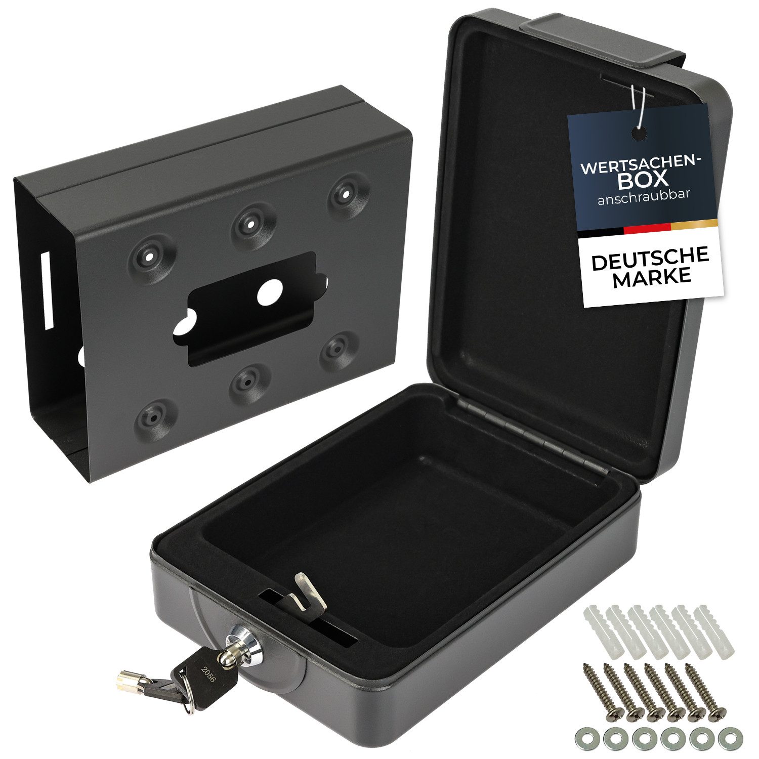 HMF Geldkassette Dokumentenbox anschraubbar, Geldkassette abschließbar, Dokumentenbox für Auto, Wohnmobil, Boot, 20x15,5x7 cm, schwarz