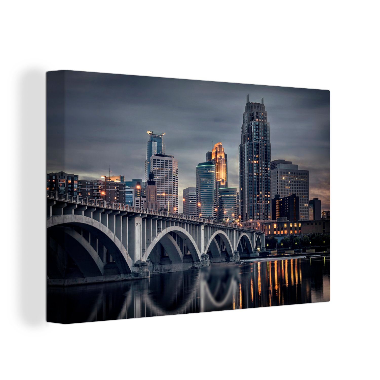 OneMillionCanvasses® Leinwandbild Blick auf die Stadt Minneapolis in Nordamerika am Abend, (1 St), Wandbild Leinwandbilder, Aufhängefertig, Wanddeko, 30x20 cm