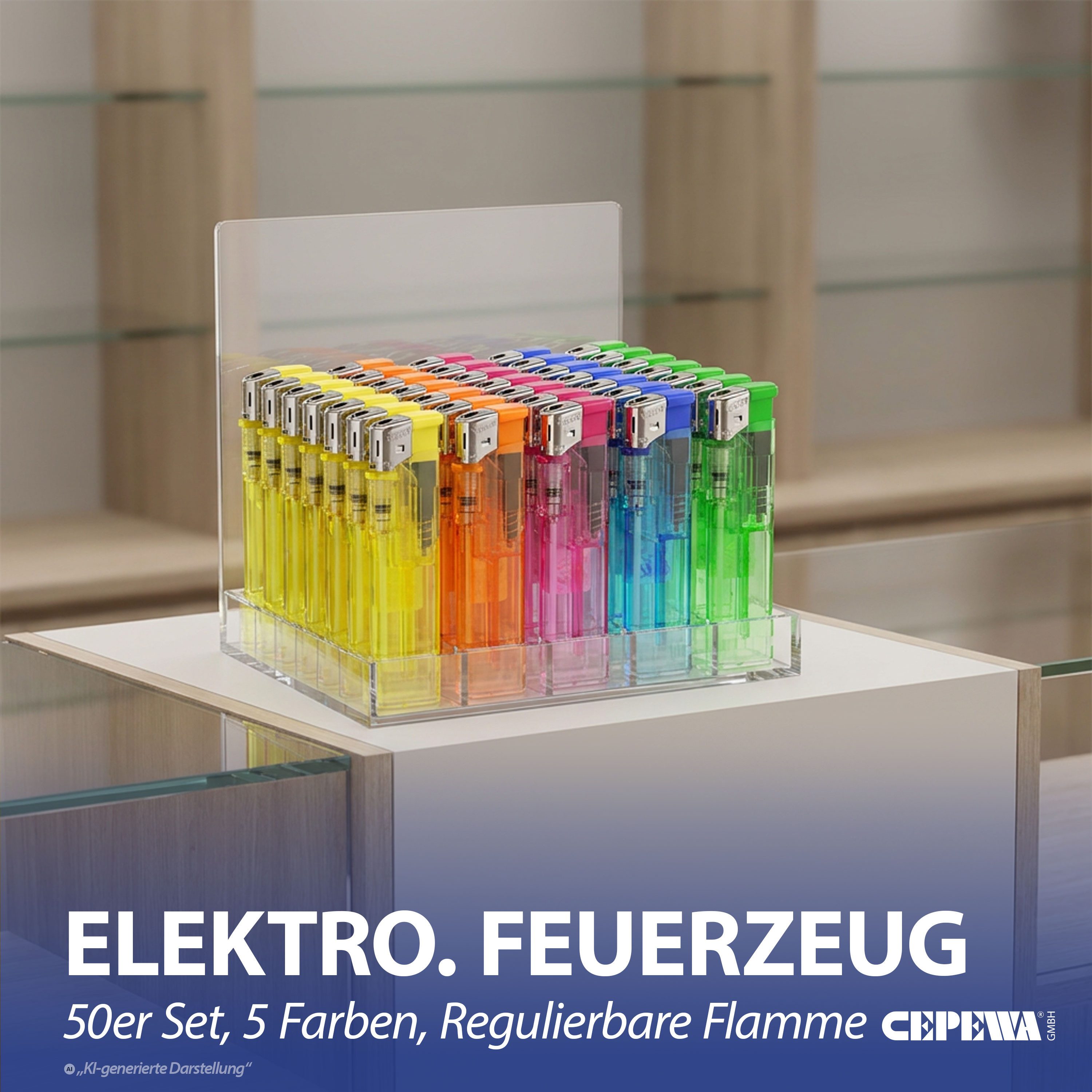 CEPEWA Feuerzeug Elektronik Feuerzeug 50 Stück 5 Farben transparent ABS nachfüllbar