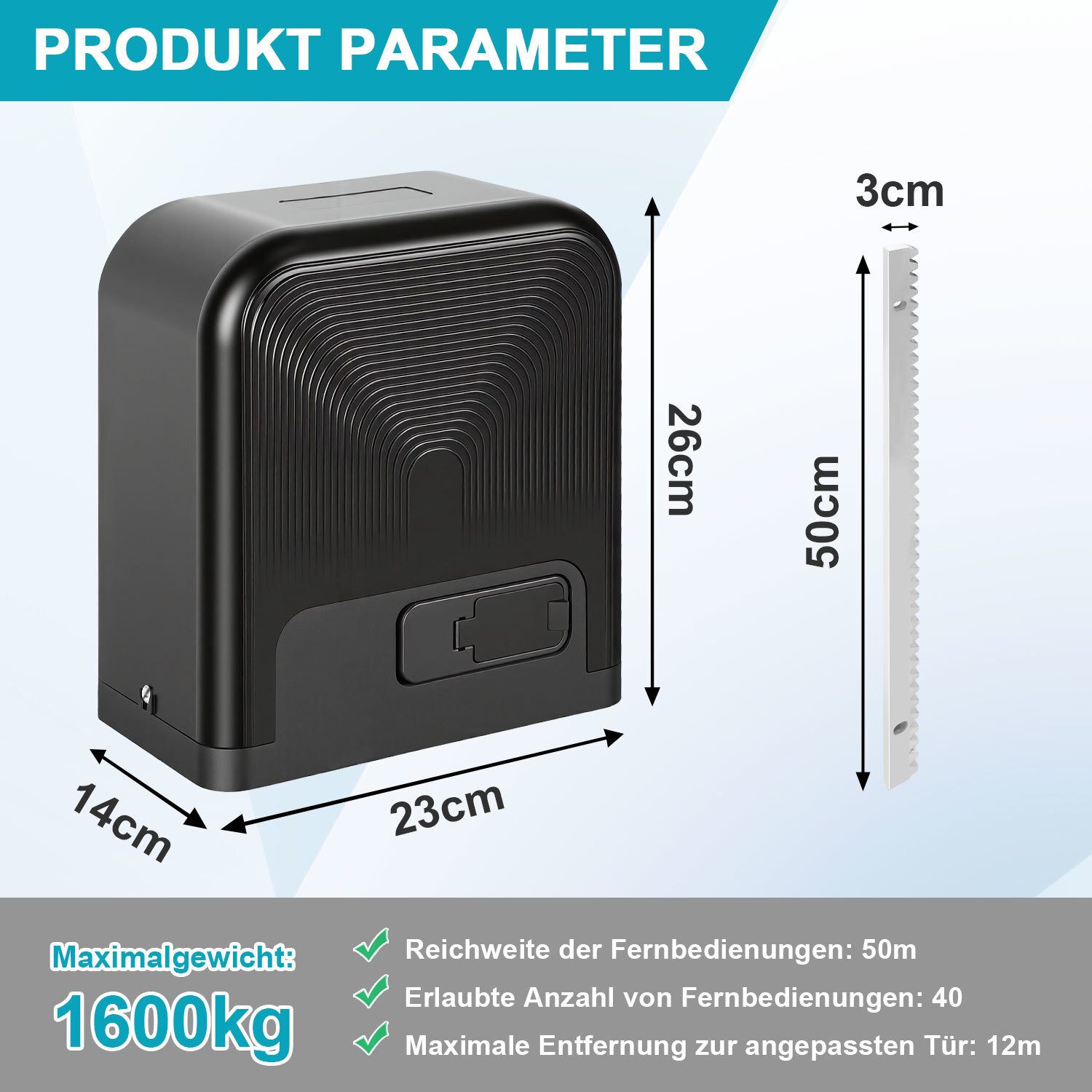 Clanmacy Schiebetorantrieb 750W Torantrieb Toröffner Motor Schiebetor APP Komplett-Set 1600kg, mit Gleitschiene, (IP44 wasserdicht, mit 2 Schlüssel und 1 Fernbe – Bild 2 von 5