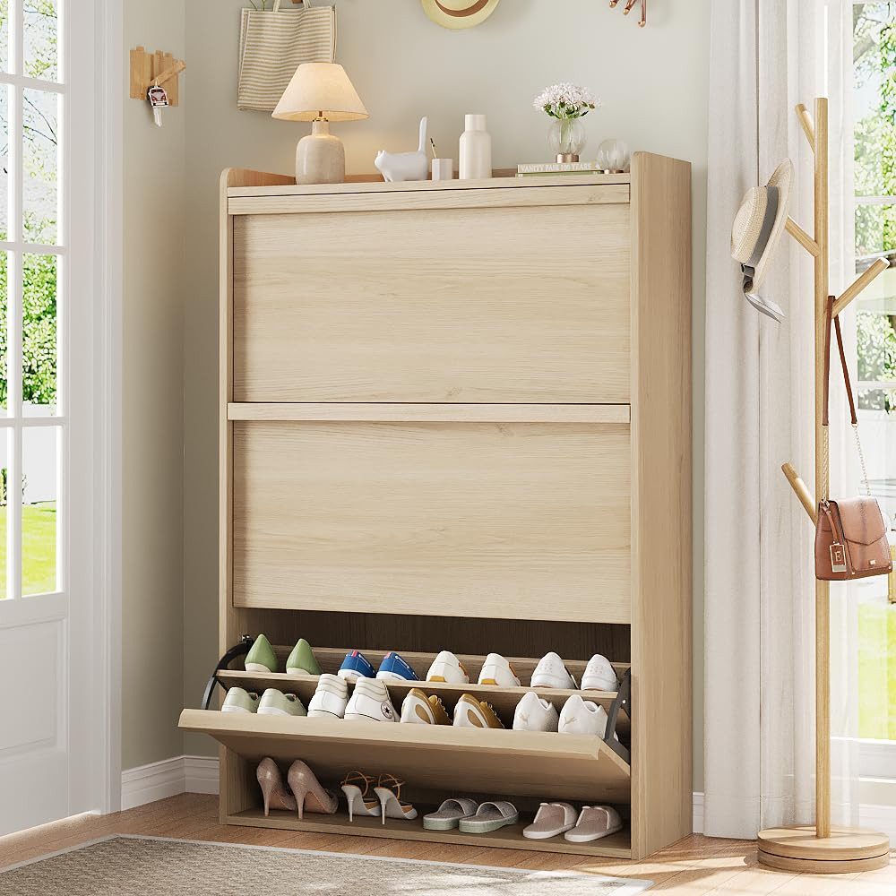 GarveeMore Schuhschrank Schuhregal aus Holz mit Klappschubladen Mit 3 oder 4 Klappen für 18–24 Paar Schuhe