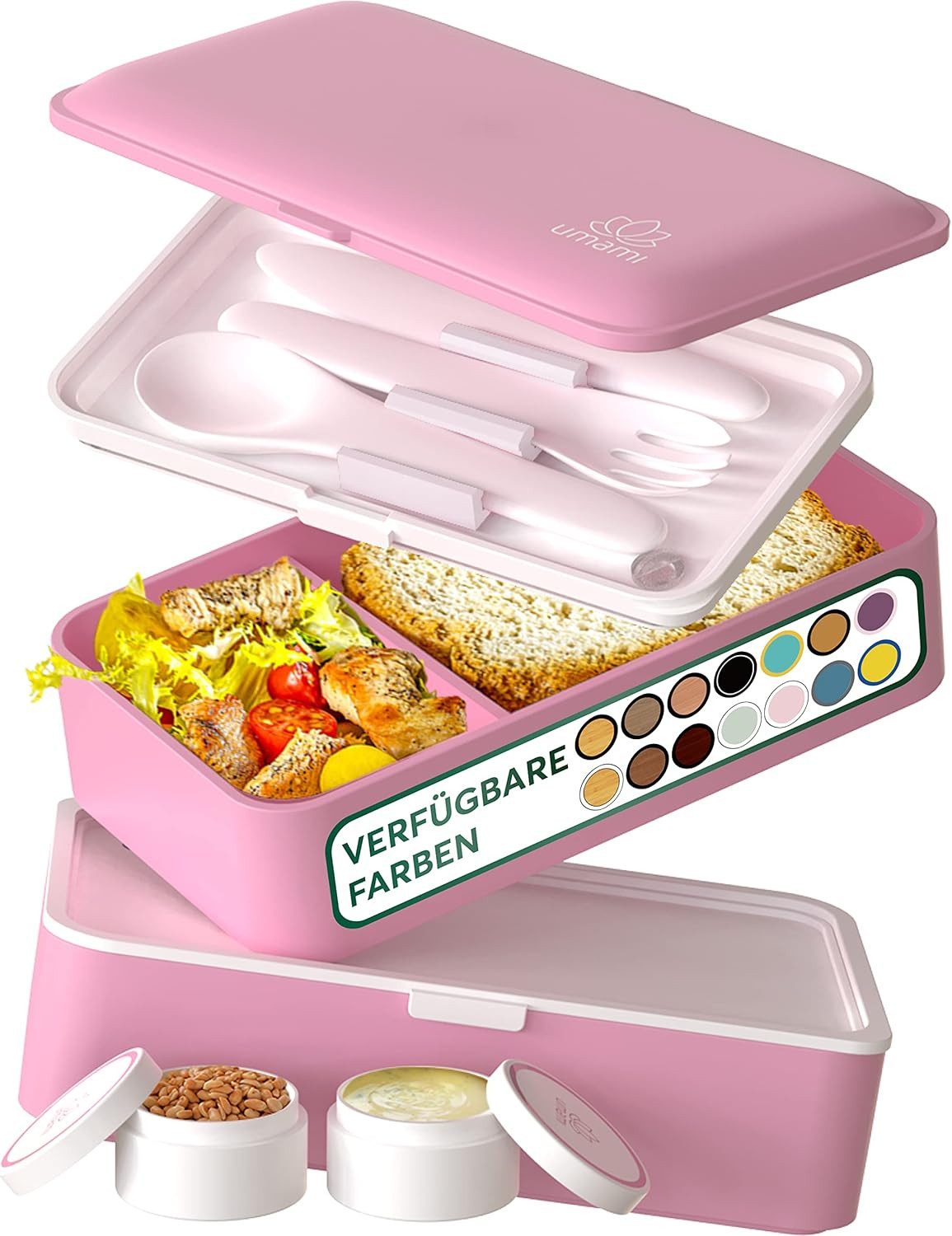 UMAMI Lunchbox All-in-1 1,2L Brotdose - mit Besteck und 2 Saucenbehältern, (für Erwachsene mit Zubehör), Auslaufsichere Brotbox mit Fächern für Meal Prep