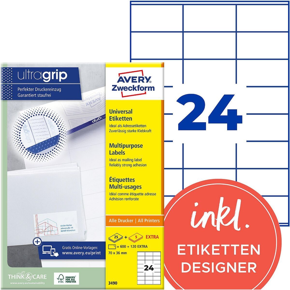 Avery Zweckform Etiketten 3490, 720 Stück, Adresse (70x36 mm), selbstklebend