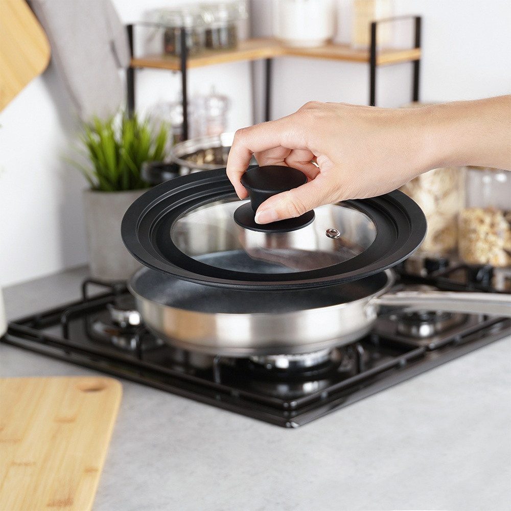 Vilde Universaldeckel 16/18/20 cm 3-in-1 mit Silikonrand, Dampföffnung aus Glas, (1-tlg., 3-in-1), spülmaschinengeeignet, bruchsicher, platzsparend – Bild 5 von 5