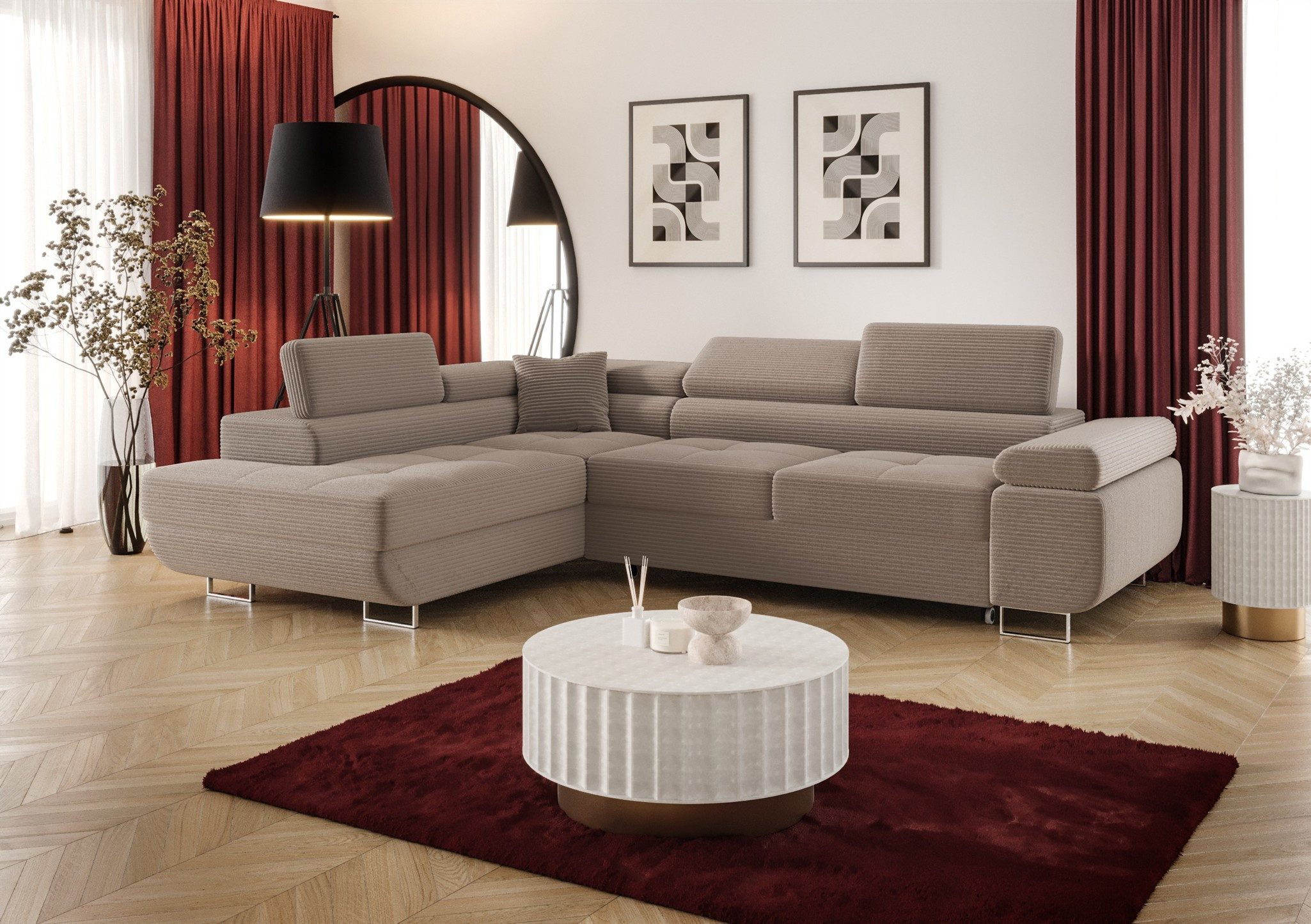 Fun Möbel Ecksofa Schlafsofa FUN MARIKO mit Ottomane in Stoff, Kopfstützen verstellbar