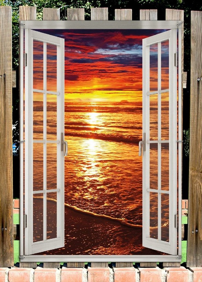 Thumbnail - Wallario Sichtschutzzaunmatten Farbenfroher Sonnenuntergang über dem Meer II, mit Fenster-Illusion