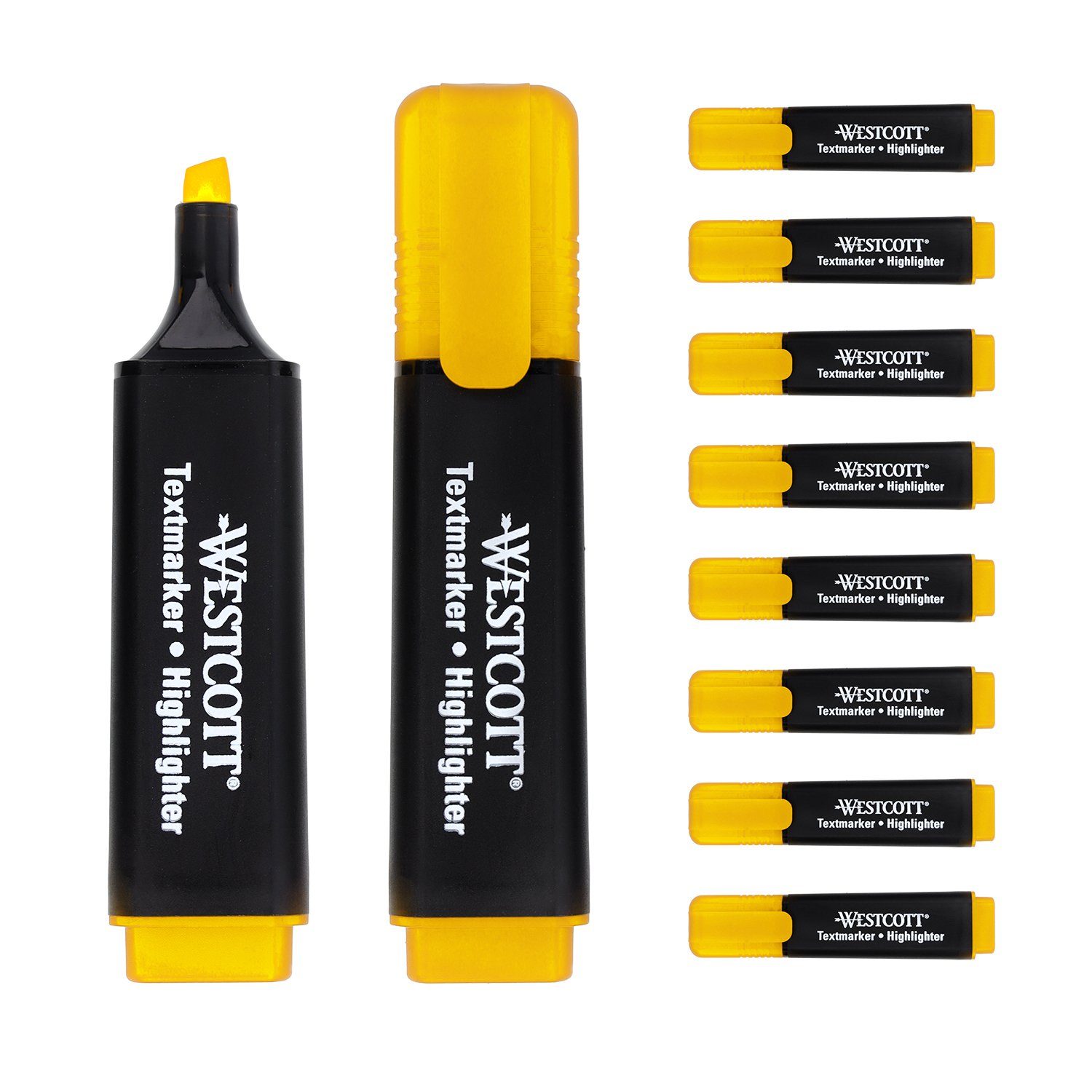 WESTCOTT Маркеры Textmarker 10 Stück gelb, Highlighter in leuchtendem Gelb, (Vorteilspack, 10-tlg), 2-5 mm Strichstärke, Premium Tinte aus Deutschland