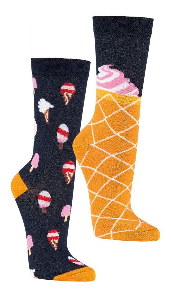 FussFreunde Freizeitsocken 2 Paar Fun Socken, Spaß mit Socken, über 70 Motive, ANTI-LOCH-GARANTIE Eiscreme