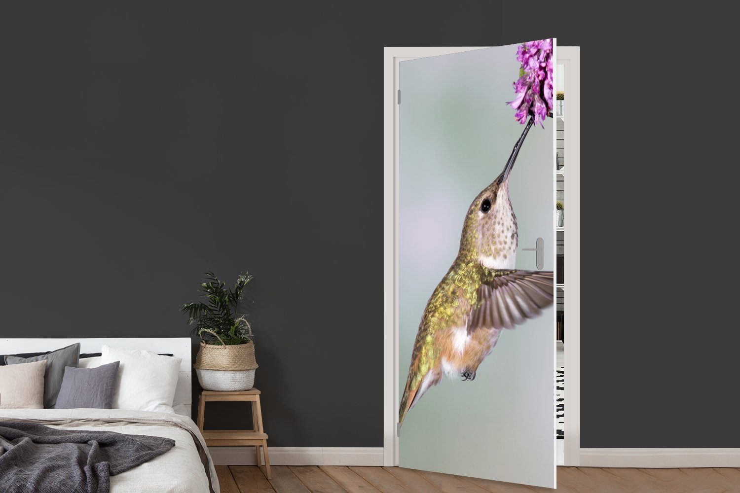 75x205 - Matt, Türaufkleber, Tür, cm - bedruckt, MuchoWow Kolibri Pflanze, Fototapete Vögel für Türtapete St), (1