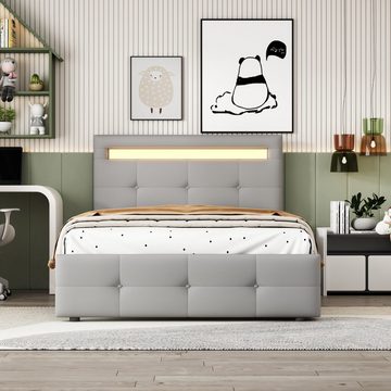 HAUSS SPLOE Bett Einzelbett Funktionsbett Bettrahmen KInderbett (mit LED-Leuchten, 2 Schubladen, hautfreundlicher Leinenpolsterung flach)