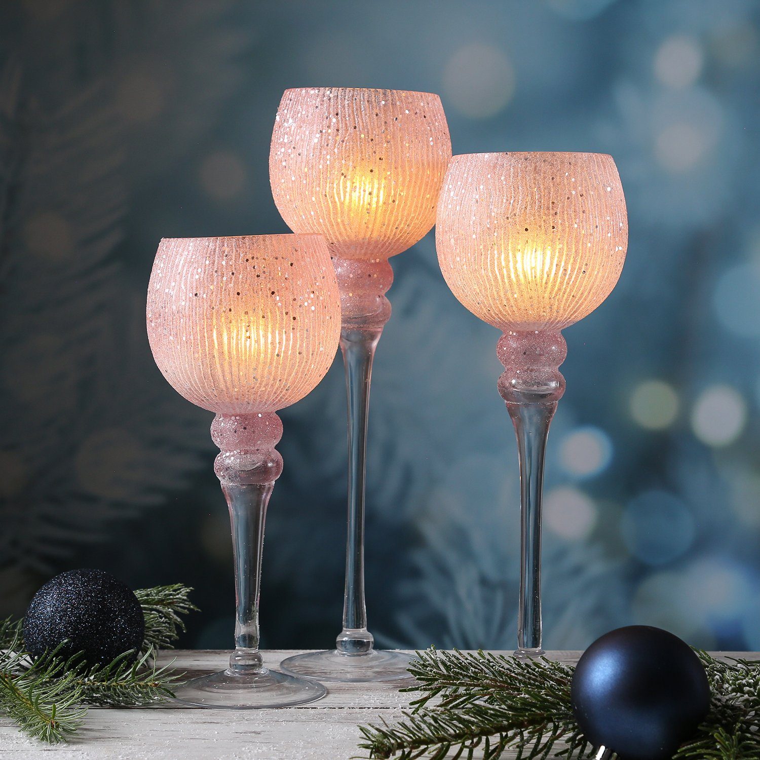MARELIDA Kerzenhalter Kelch Glas Windlicht Teelichthalter 3 Höhen glitzernd  rosa 3er Set (3 St)