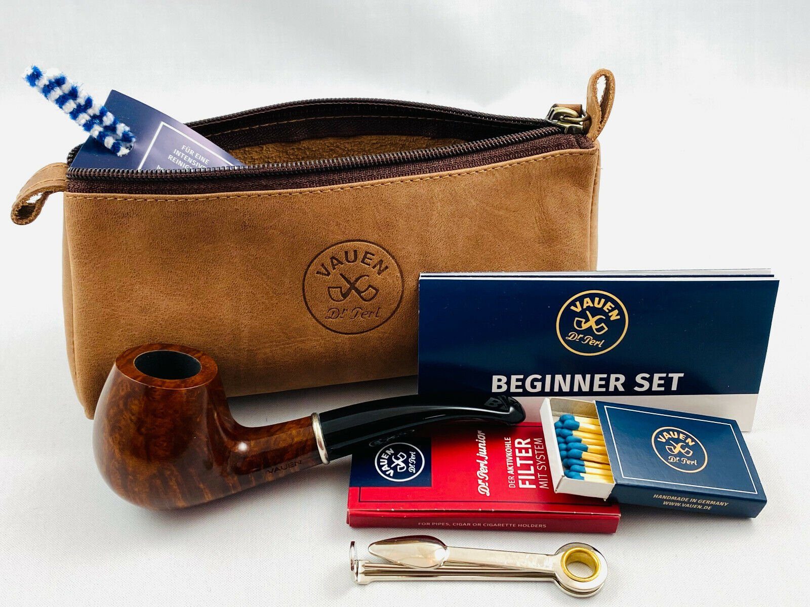 Handpfeife VAUEN Pfeife Starter Anfänger Set 9061 gebogen braune Ledertasche