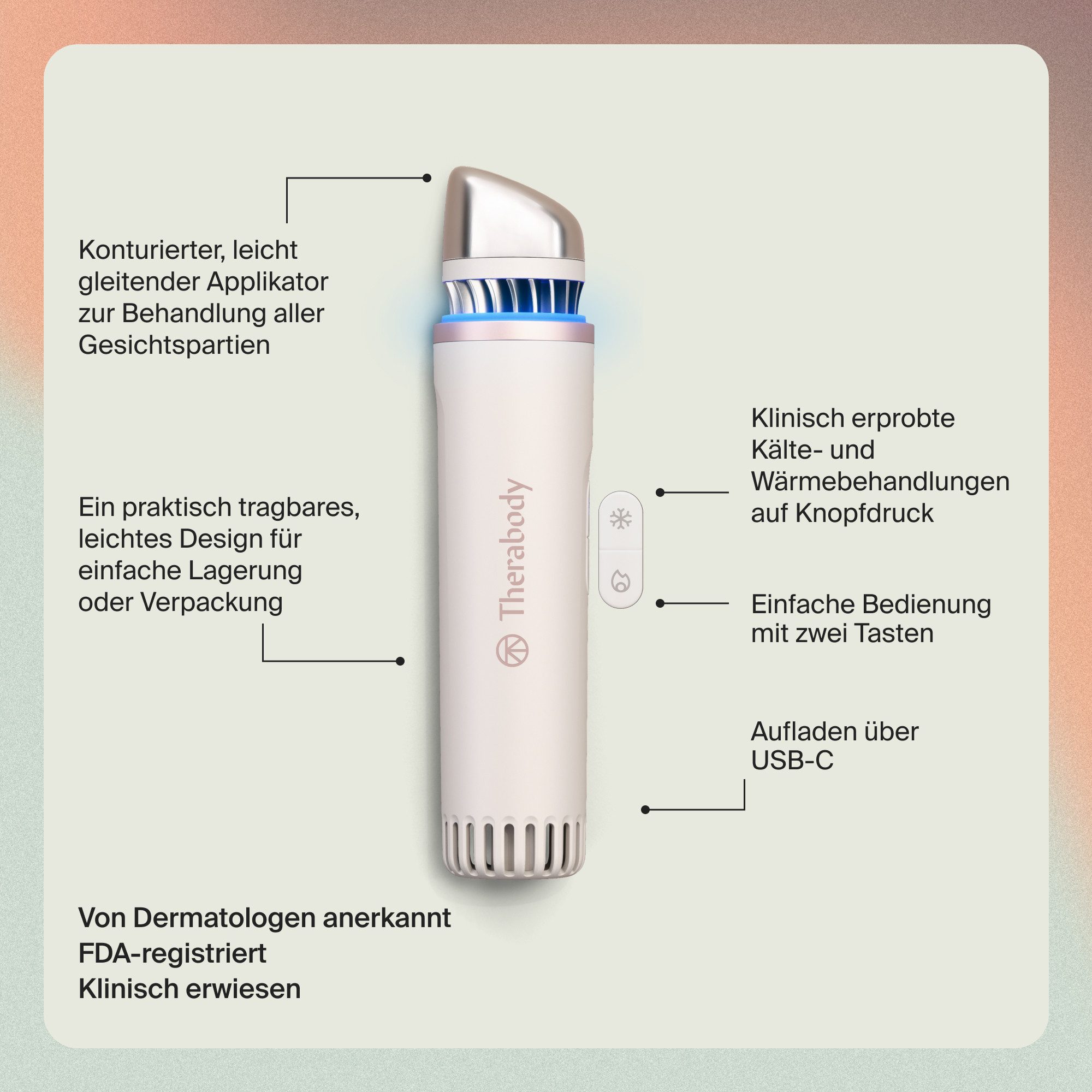 Therabody Anti-Aging-Gerät Theraface Depuffing Wand Kälte- und Wärmebehandlungen für das Gesicht, Verbessert die Strahlkraft, reduziert Augenringe und Schwellungen