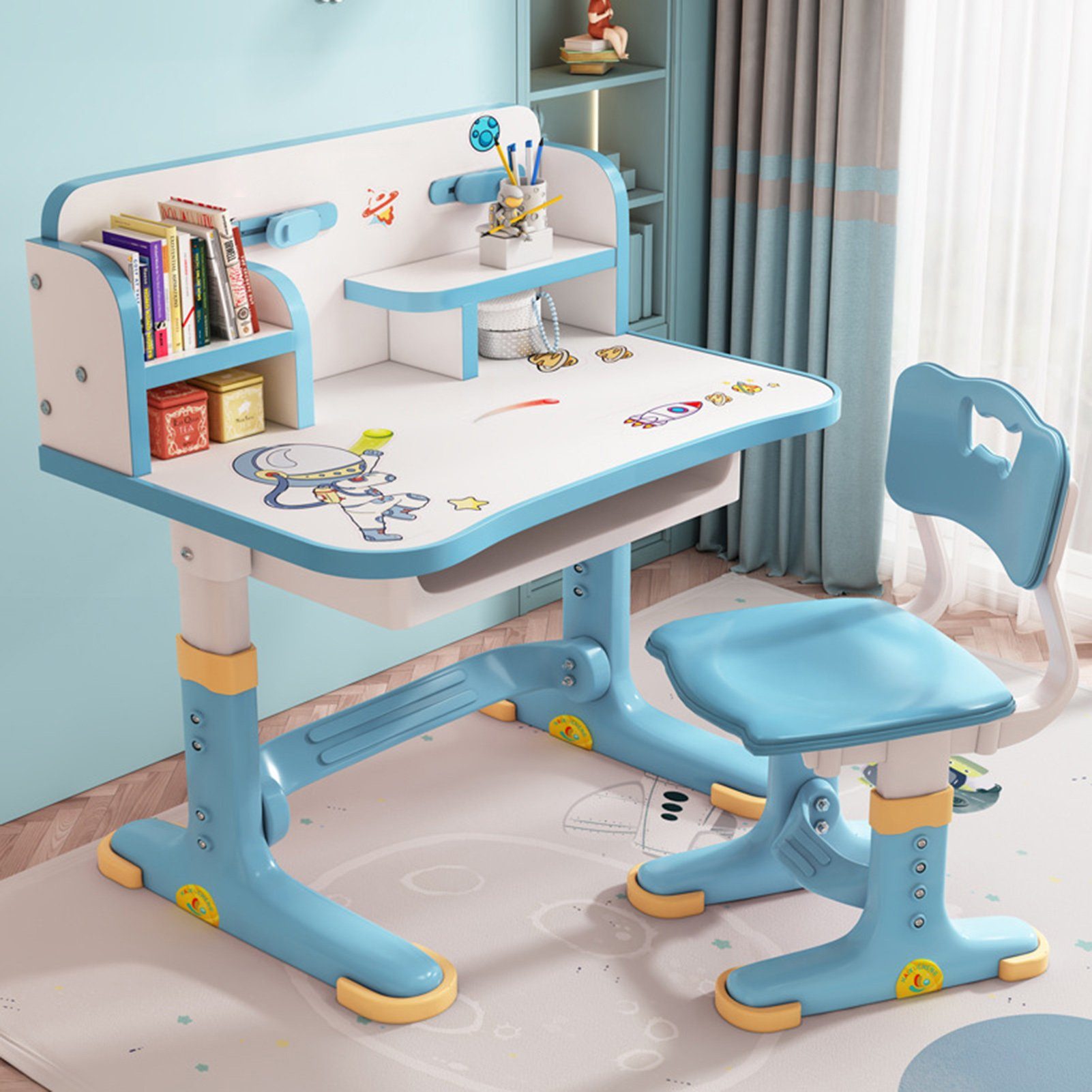 Rutaqian Kinderschreibtisch Kinderschreibtisch Set mit Schubladenstuhl, Schreibtisch (ergonomischer Tisch und Stuhl, höhenverstellbar), Kinder Schreibtisch für Jungs & Mädchen (Blau)