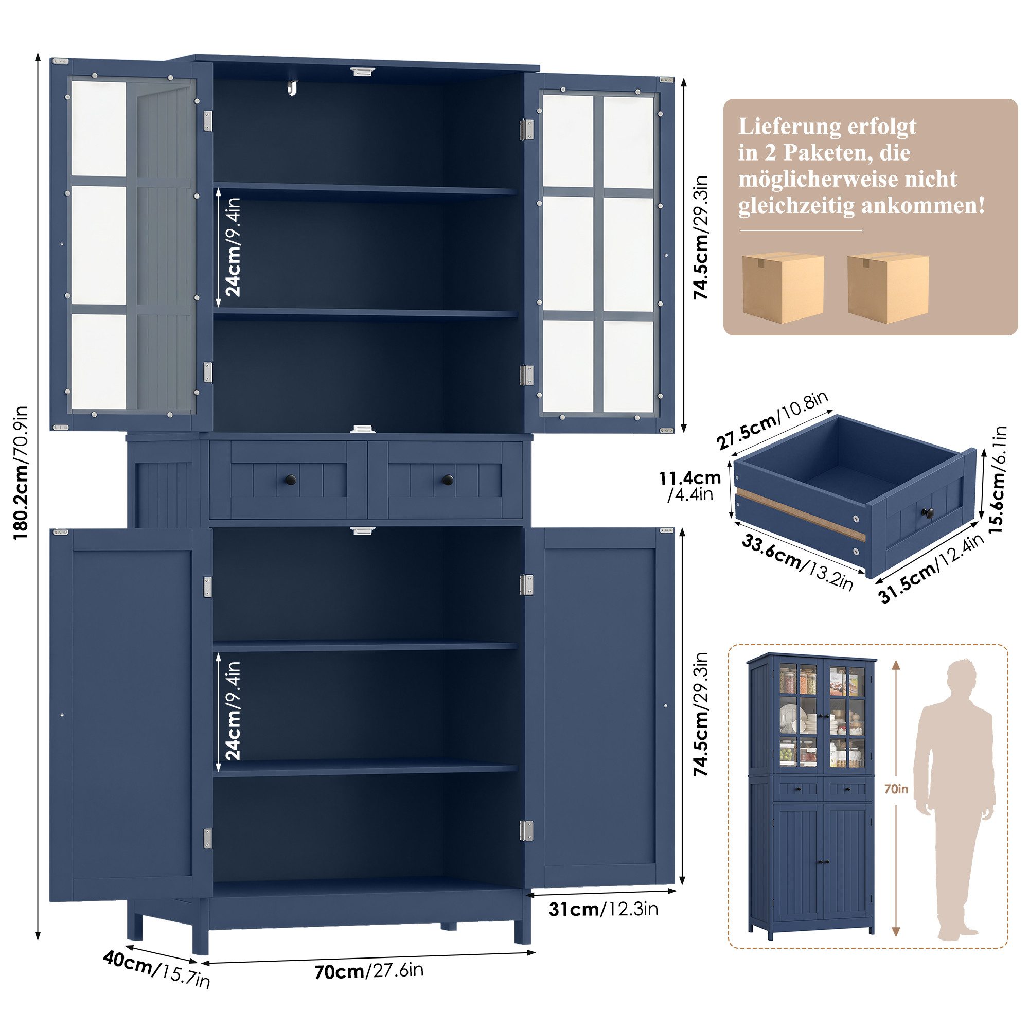 HOMECHO Hochschrank 180 cm Küchenschrank mit 4 Türen und 2 Schubladen, Weiß