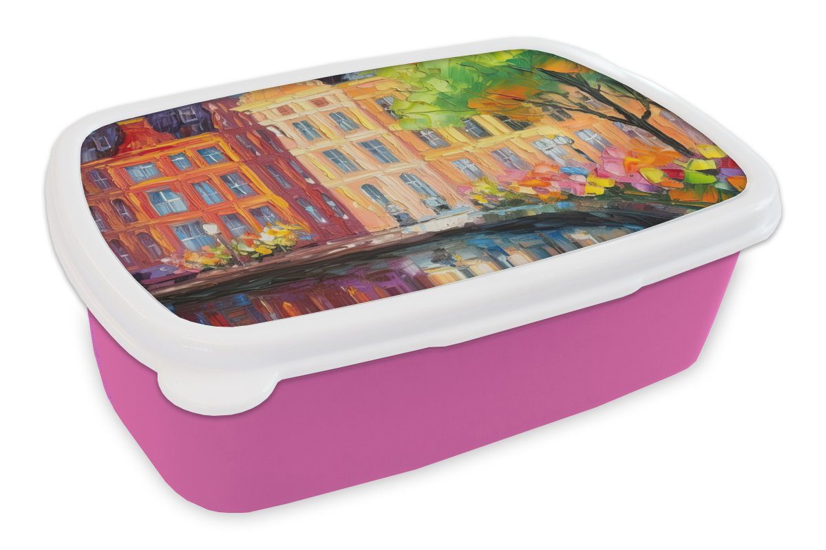 MuchoWow Lunchbox Ölgemälde - Amsterdam - Kunst - Farbenfroh, Kunststoff, (2-tlg), Brotbox für Erwachsene, Brotdose Kinder, Snackbox, Mädchen, Kunststoff rosa