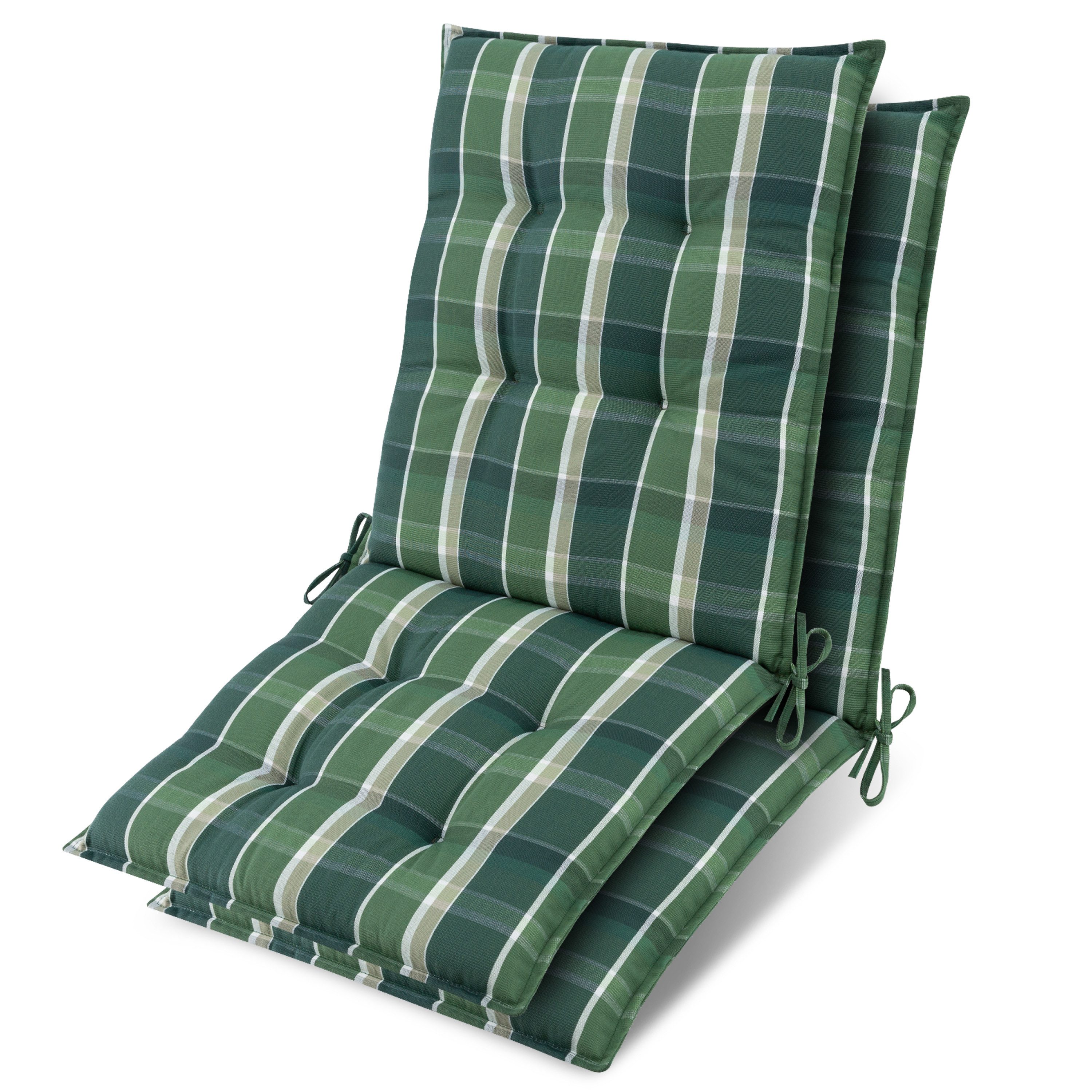 Beautissu Sitzauflage 2er Set Niedriglehner Auflage Sun-NL 100x50x8cm Grün-Kariert, 8cm Dicke Gartenstuhlauflage mit Befestigung UV-Lichtechtheit 5