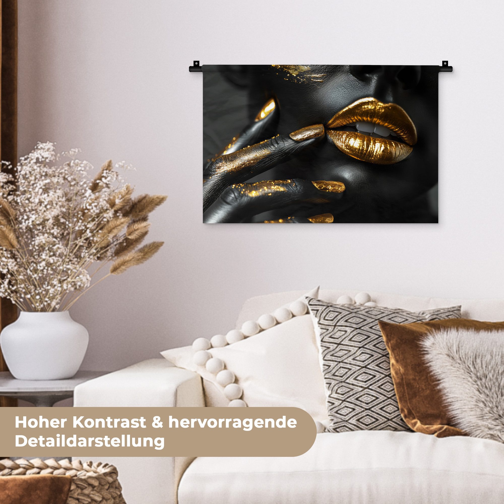 MuchoWow Wandteppich Lippen - Gold - Abstrakt - Schwarz - Frau, Rechteckig, Höhe: 3 mm, Wandteppich für Wohnzimmer, Schlafzimmer, 60x40 cm