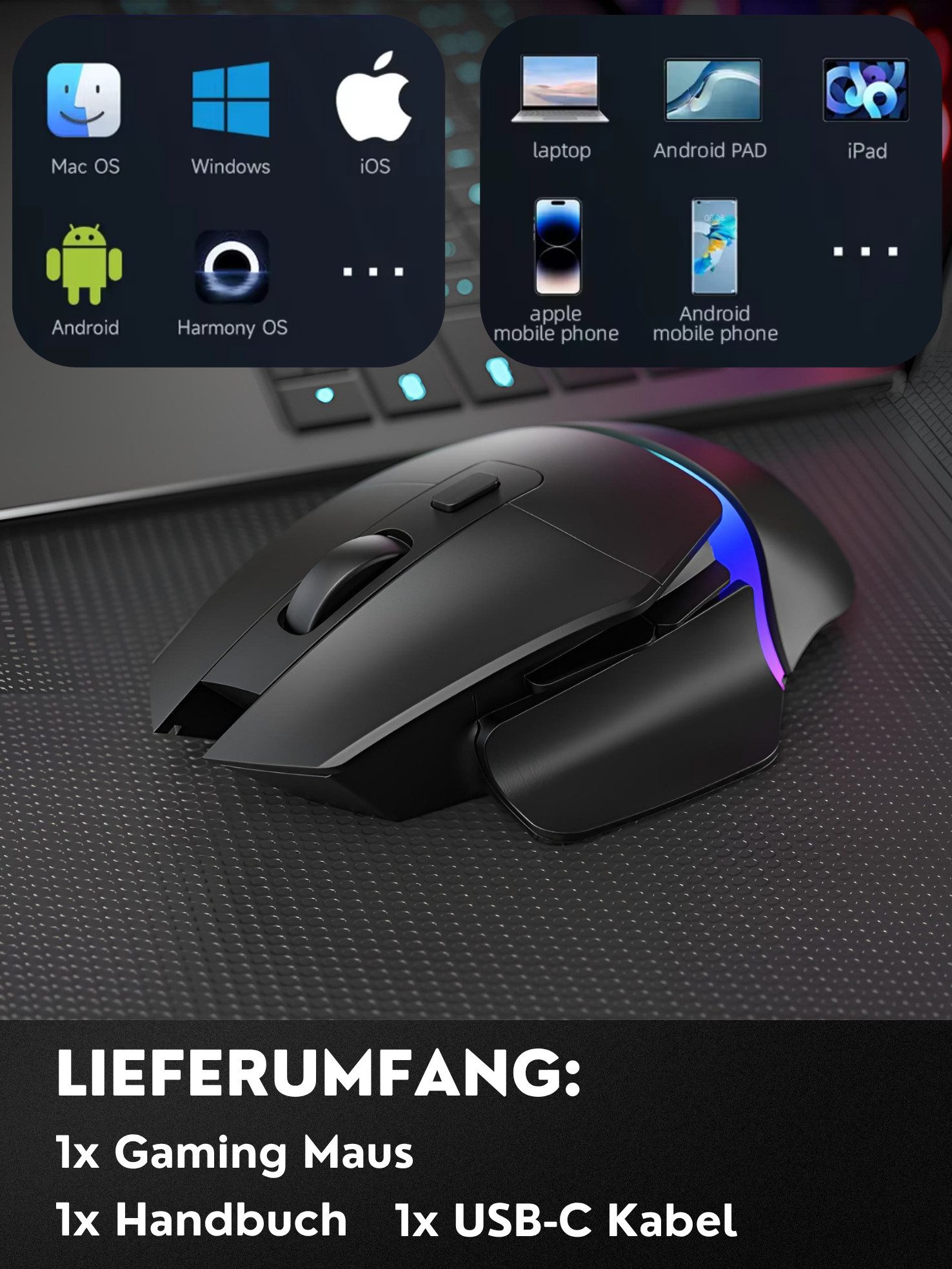 S&T Design Bluetooth Gaming Maus Kabellos RGB Ergonomisch Funk 2.5G Schwarz Gaming-Maus (Funk, Bluetooth, 7200 dpi, Plug & Play (LAUT) Daumenablage 90g Leicht G – Bild 5 von 5