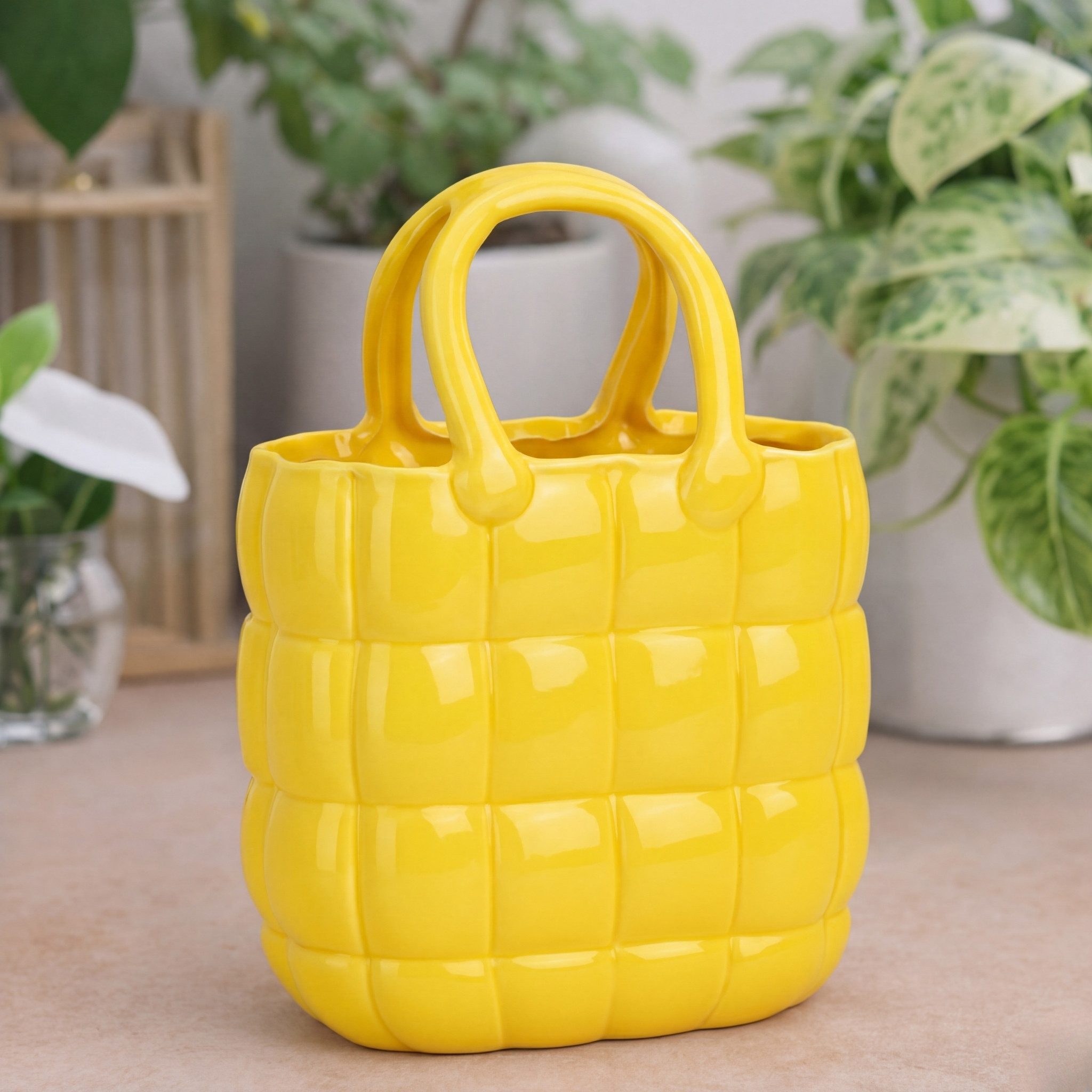 matches21 HOME & HOBBY Dekovase Blumenvase Handtasche aus Keramik, Dekovase in Gelb (1 St), Tulpenvase im Dopamin Stil 25 cm