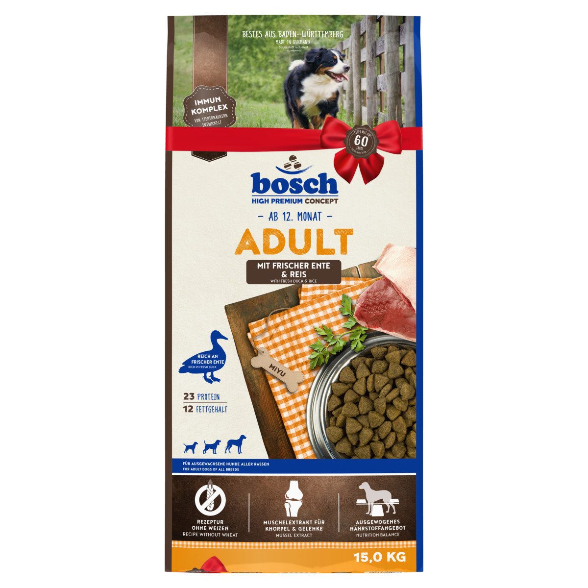 Bosch Petfood Adult mit Ente & Reis 15 kg, Trockenfutter für: Hund