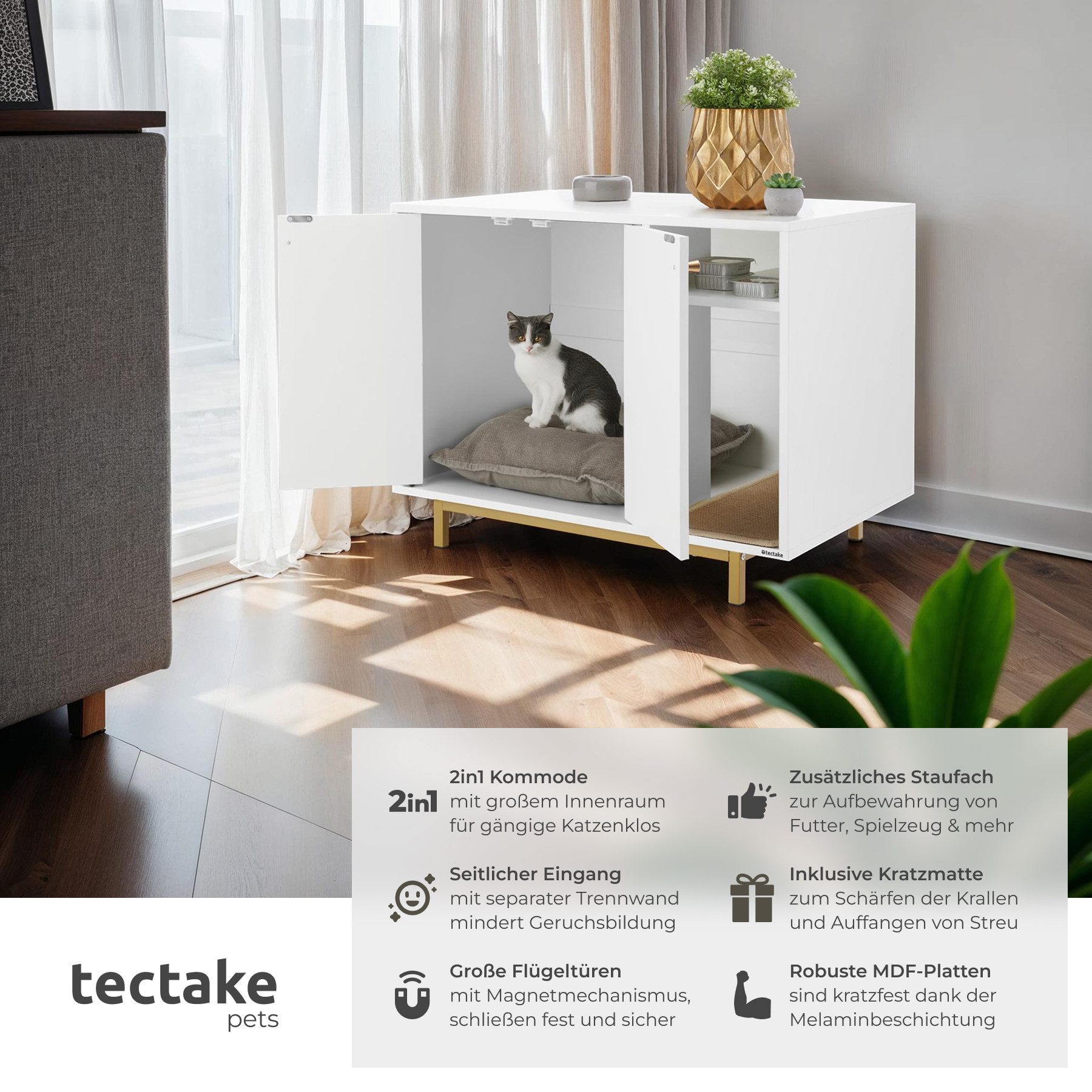 tectake Katzentoilette Katzenklo-Schrank, Kratzmatte, 80 x 52 x 61,5 cm, seitlicher Eingang, 2 große Flügeltüren mit Magnetverschluss, hohe Beine, kleines Staufach