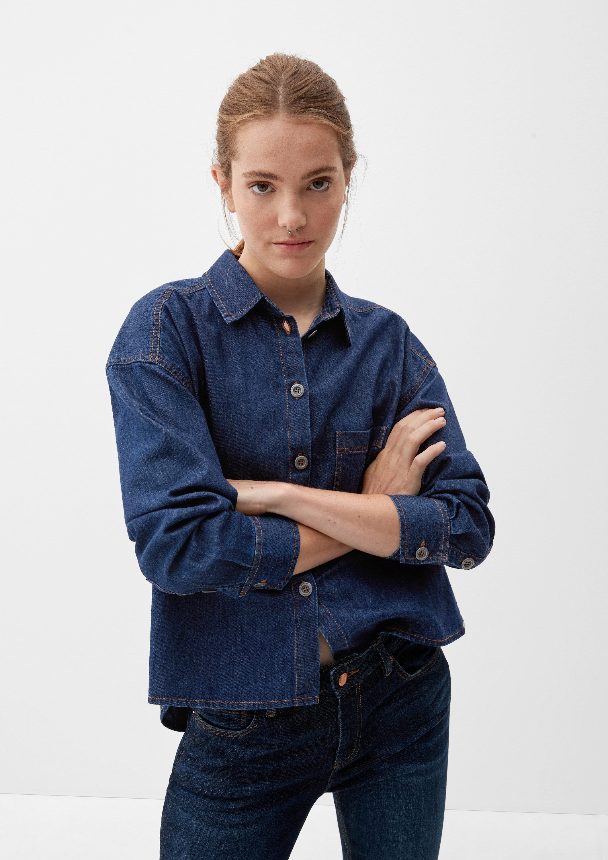 QS Langarmbluse Bluse Jeansbluse mit Brusttasche günstig online kaufen