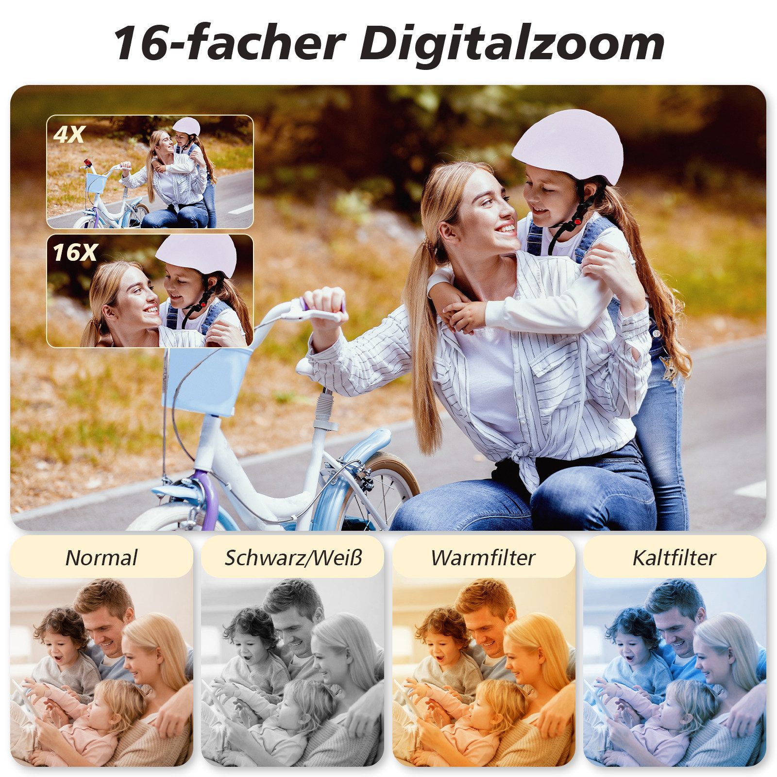 AKKEE Digitalkamera 1080P 44MP Kompaktkamera mit 32G Karte 16X Digitalzoom Kompaktkamera (44 MP, Anti-Shake, Serienaufnahmen, Timer-Aufnahme, Gesichtserkennung)