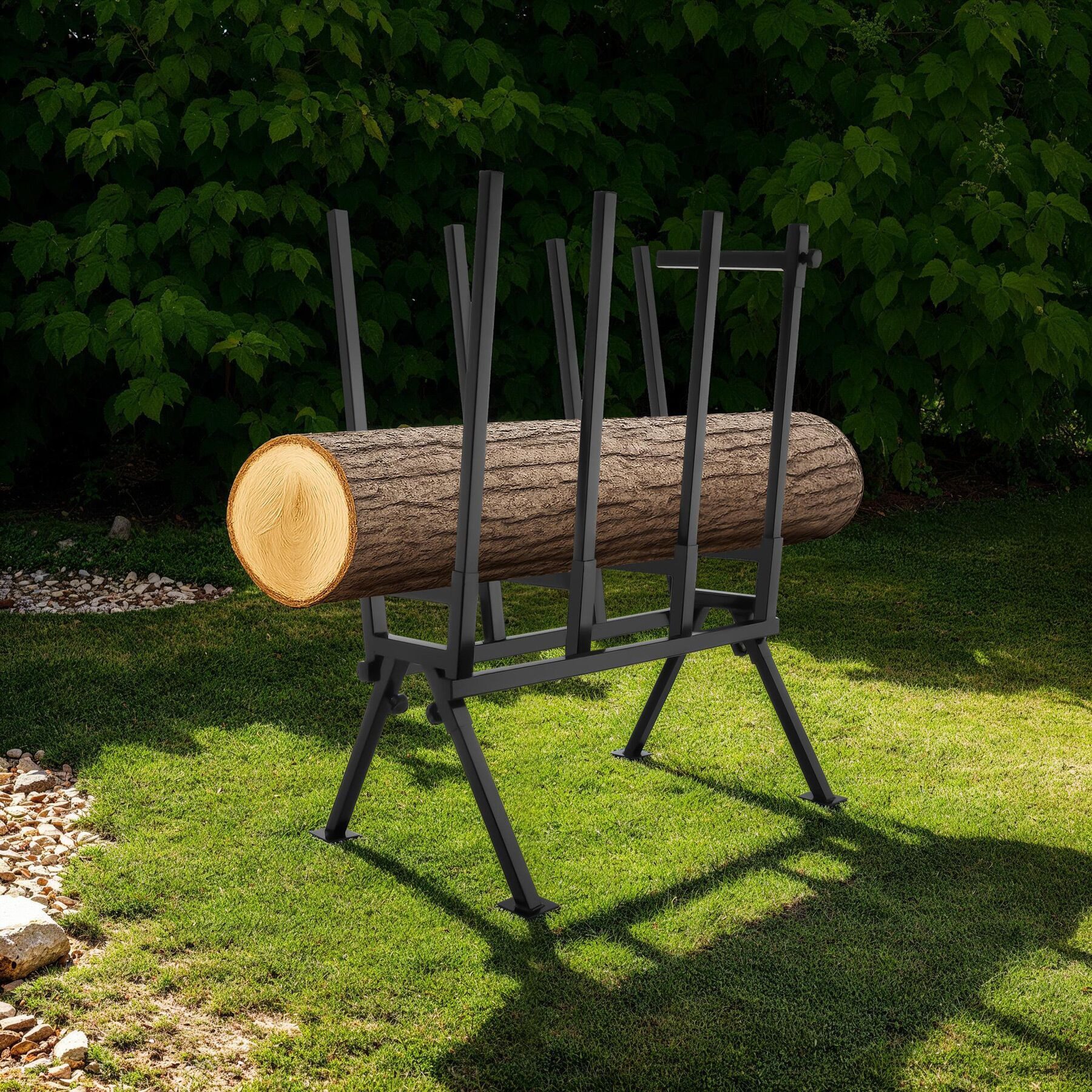 tectake Klappbock Holzsägebock 76 x 53 x 102 cm aus lackiertem Stahl, zerlegbar, (Kettensägebock, in schwarz), Feststellbügel, höhenverstellbare Füße, Belastbarkeit 400 kg