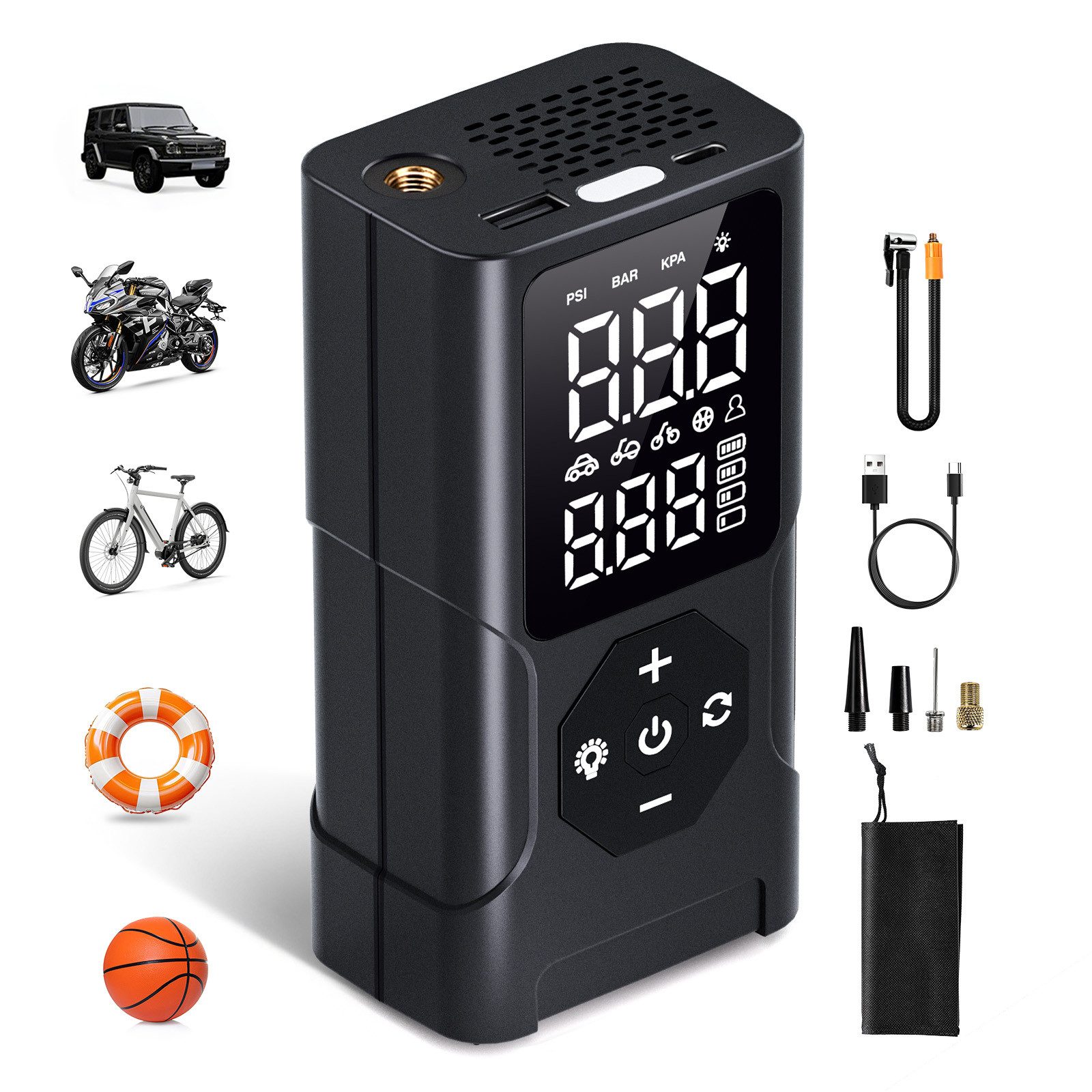 skelo Akku-Luftpumpe Elektrische Luftpumpe, Mini Tragbarer Luftkompressor 150PSI 3000mAh (6-tlg., für Fahrräder Autos Motorrad Bälle), Akku-Kompressor mit LED & LCD-Reifendrucküberwachung