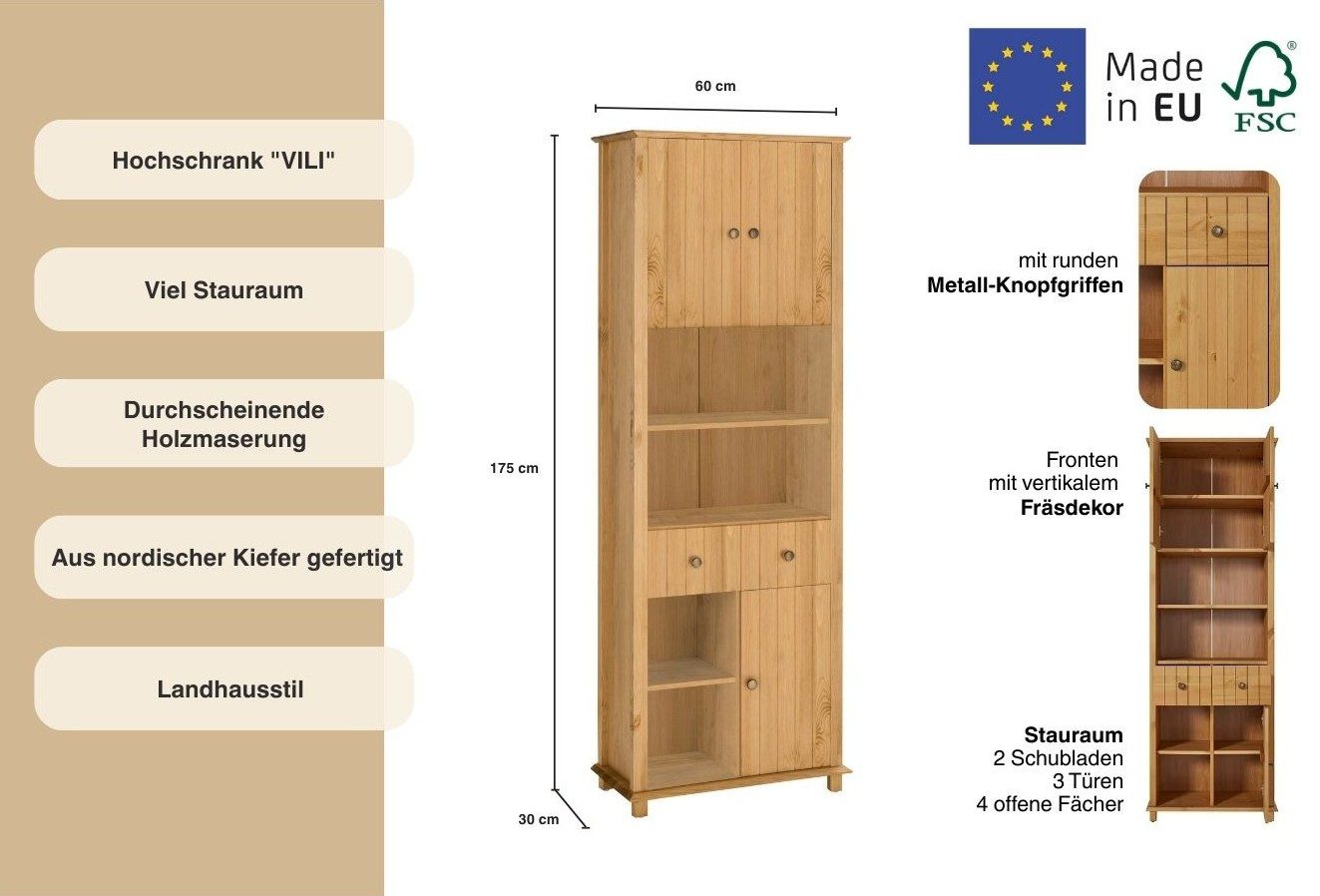 Home affaire Hochschrank Vili Badezimmerschrank, Höhe 175 cm, 2 Schubladen, 3 Türen, aus Massivholz