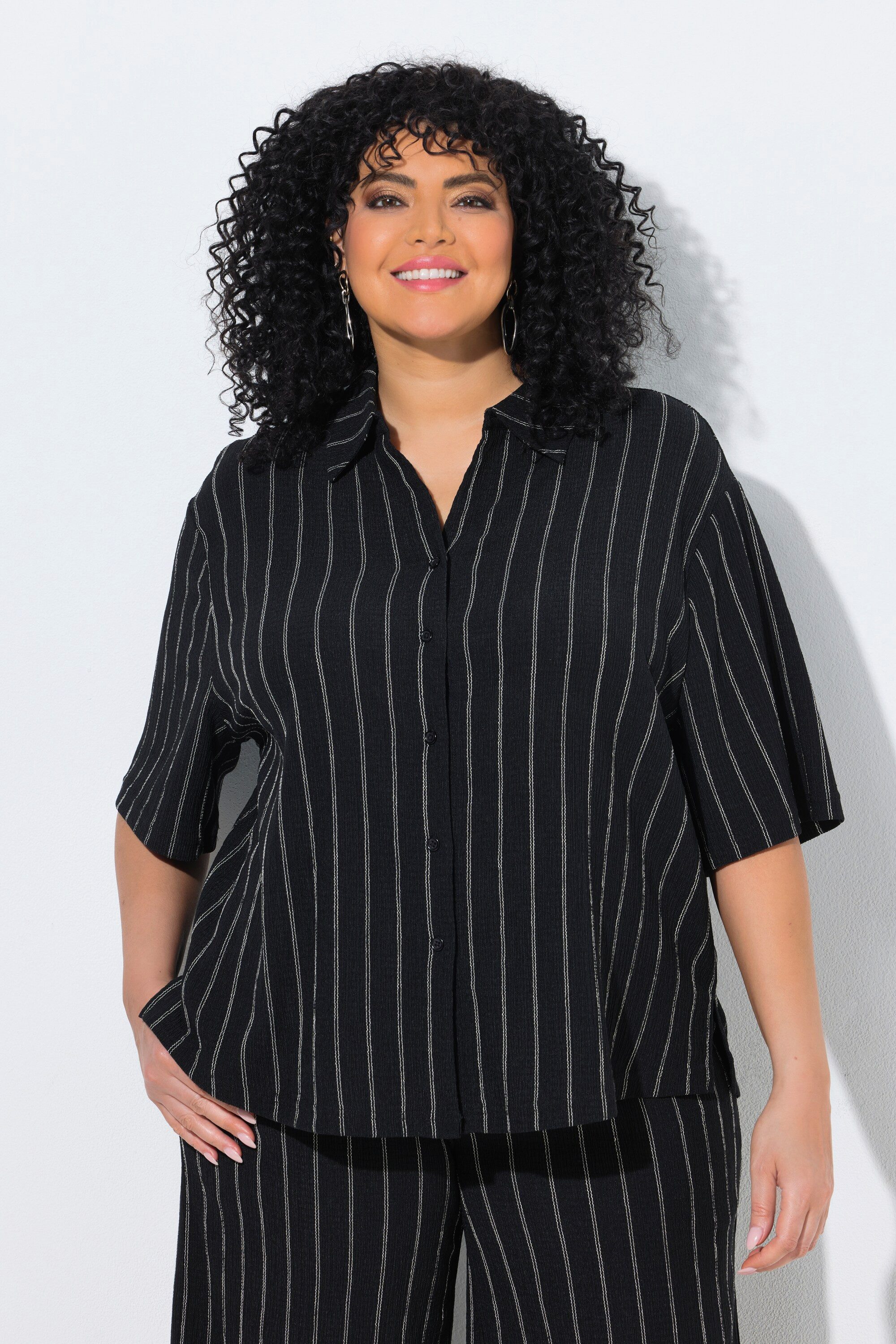 Ulla Popken Hemdbluse Jerseybluse Streifen Hemdkragen Halbarm