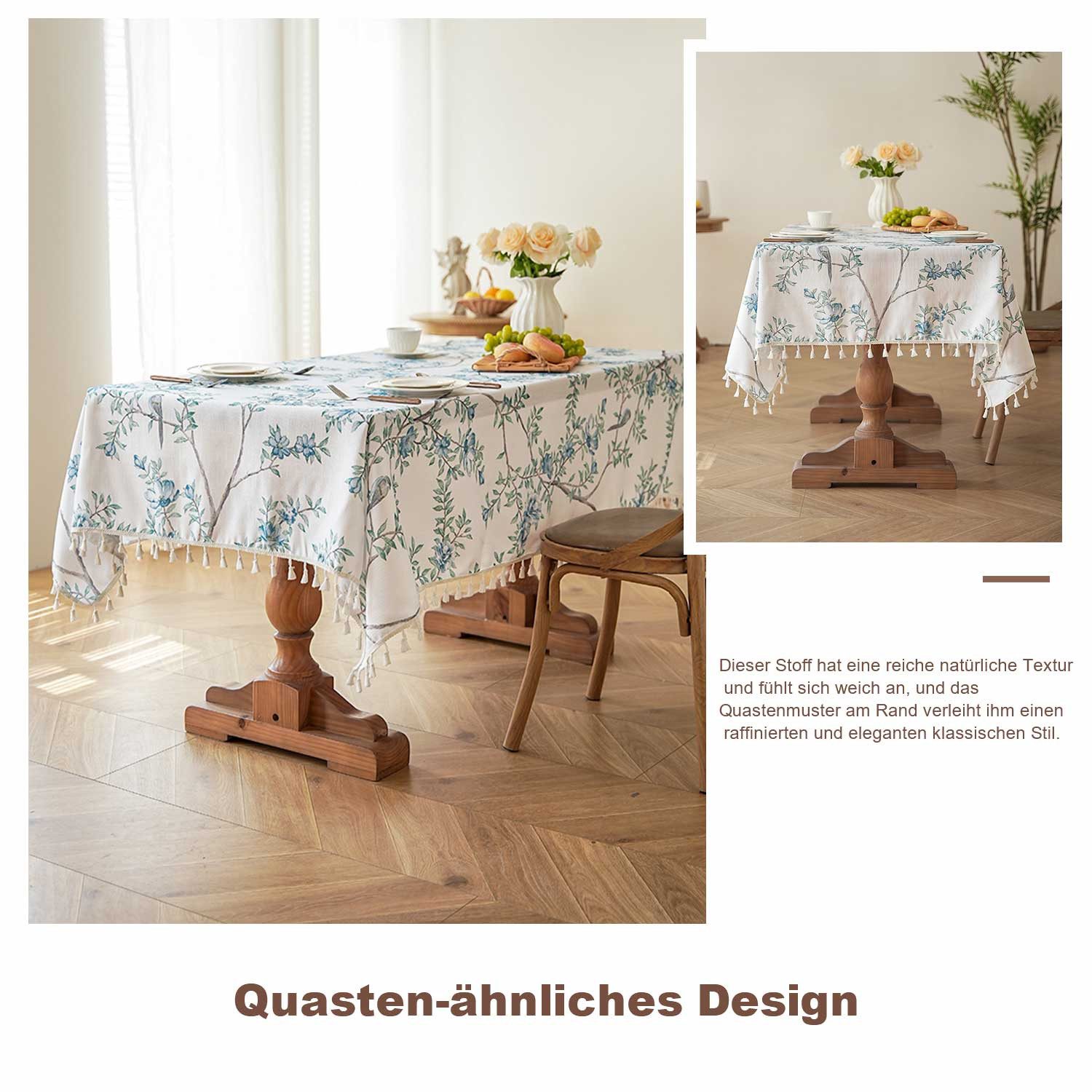 Refttenw Tischdecke Tischdecke mit Blumen und Vogelmuster, Quaste Dekoration,Party Dekor
