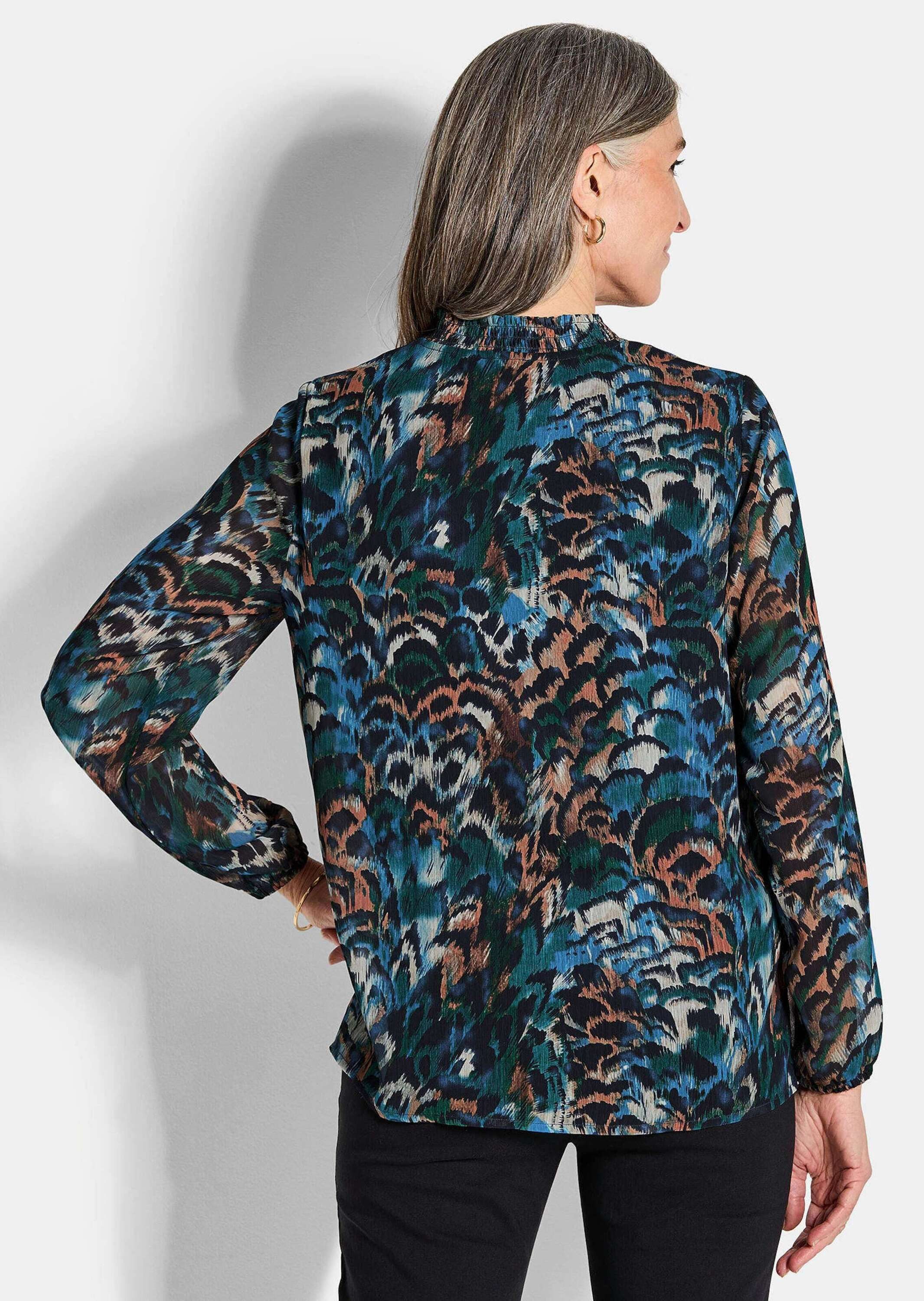 GOLDNER Schlupfbluse Leichte Jersey-Druckbluse, Langarm Schlupfbluse mit gesmoktem Kragen, Bindebändern und Langarm