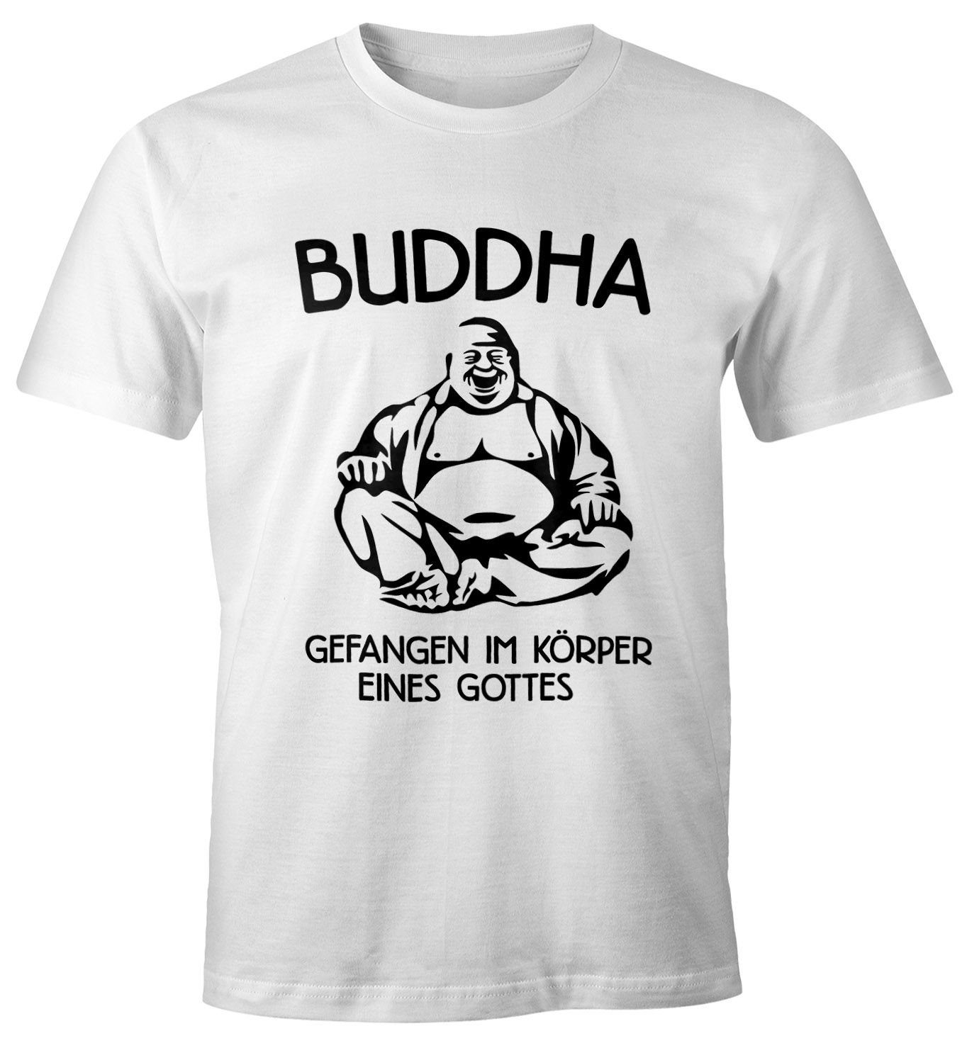 MoonWorks Print-Shirt Buddha - Gefangen im Körper eines Gottes Herren T-Shirt Fun-Shirt Moonworks® mit Print weiß