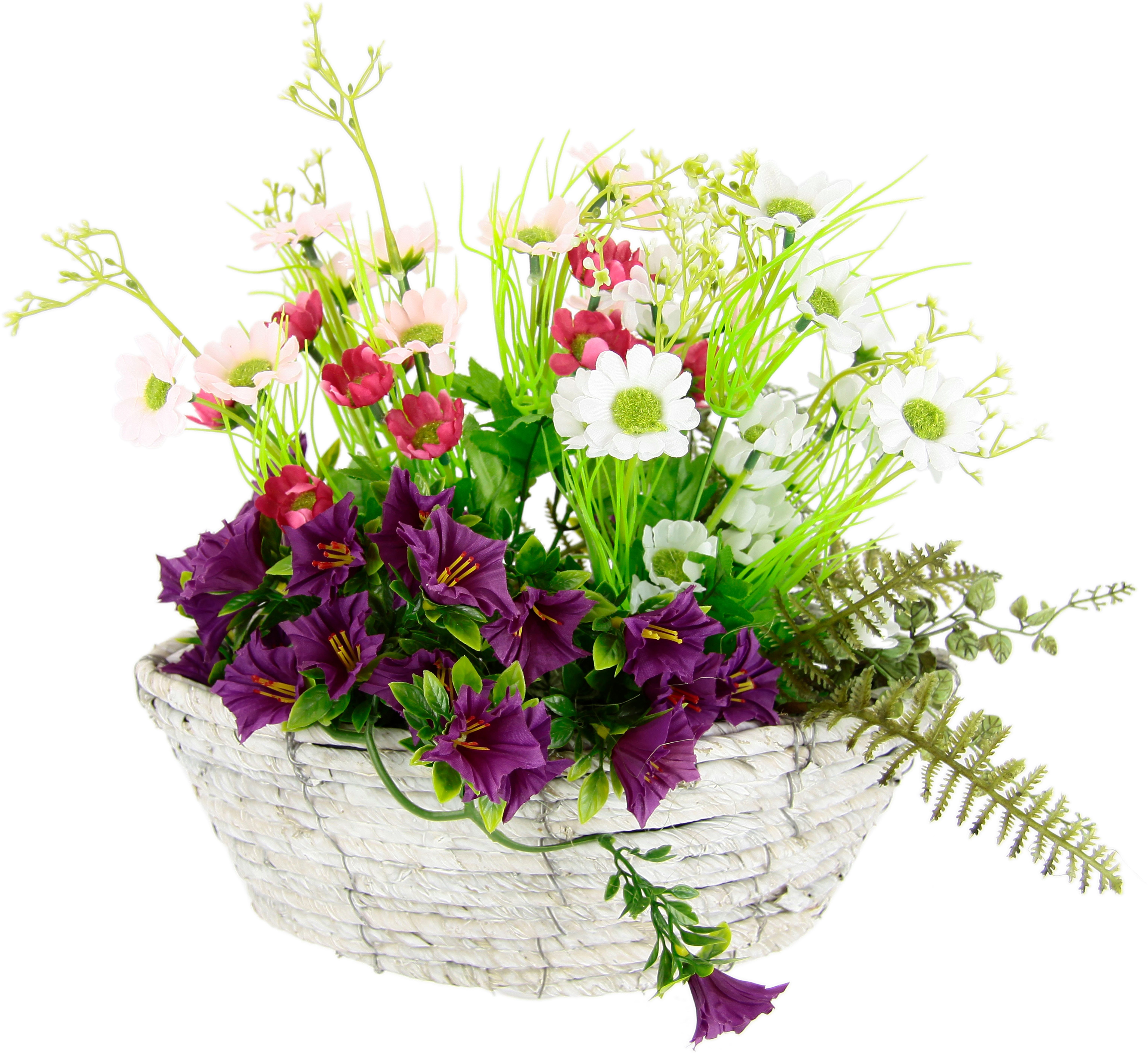 Kunstblume Gesteck Margeriten und Petunien