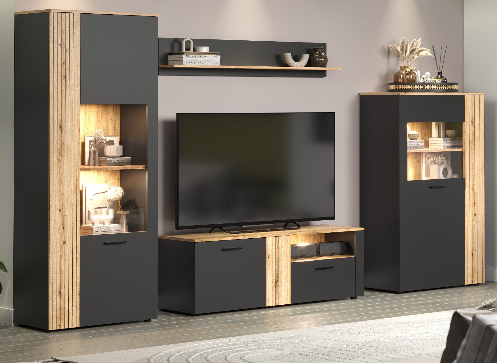 Furn.Design Wohnwand Avila, (Wohnzimmer Set in matt grau und Evoke Eiche, 4-teilig, 340 x 195 cm), mit Staboptik