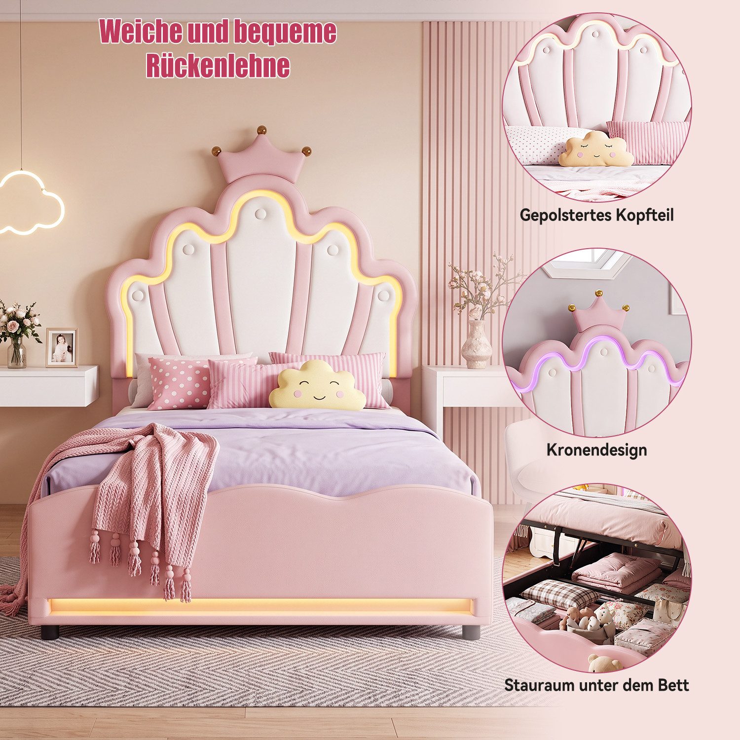 oyajia Polsterbett LED Kinderbett mit krone-Form Prinzessinnenbett (PU-Leder material Polsterbett mit Lattenrost und verstellbares gepolstertes Kopfteil), Moder – Bild 2 von 5