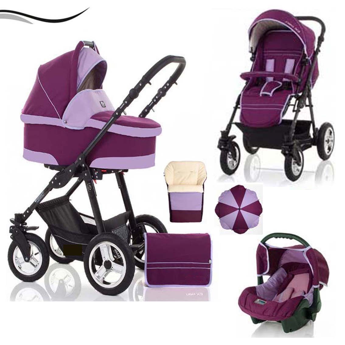babies-on-wheels Kombi-Kinderwagen City Star 5 in 1 inkl. Autositz, Sonnenschirm und Fußsack - 18 Teile - von Geburt bis 4 Jahre in 16 Farben Bordeaux-Flieder