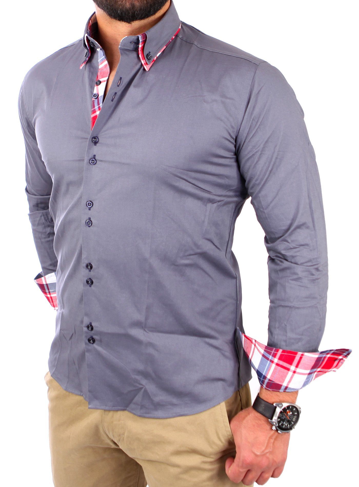 Reslad Langarmhemd Reslad Herren Hemd Button-Down Slim Fit Kontrast Langarm günstig online kaufen
