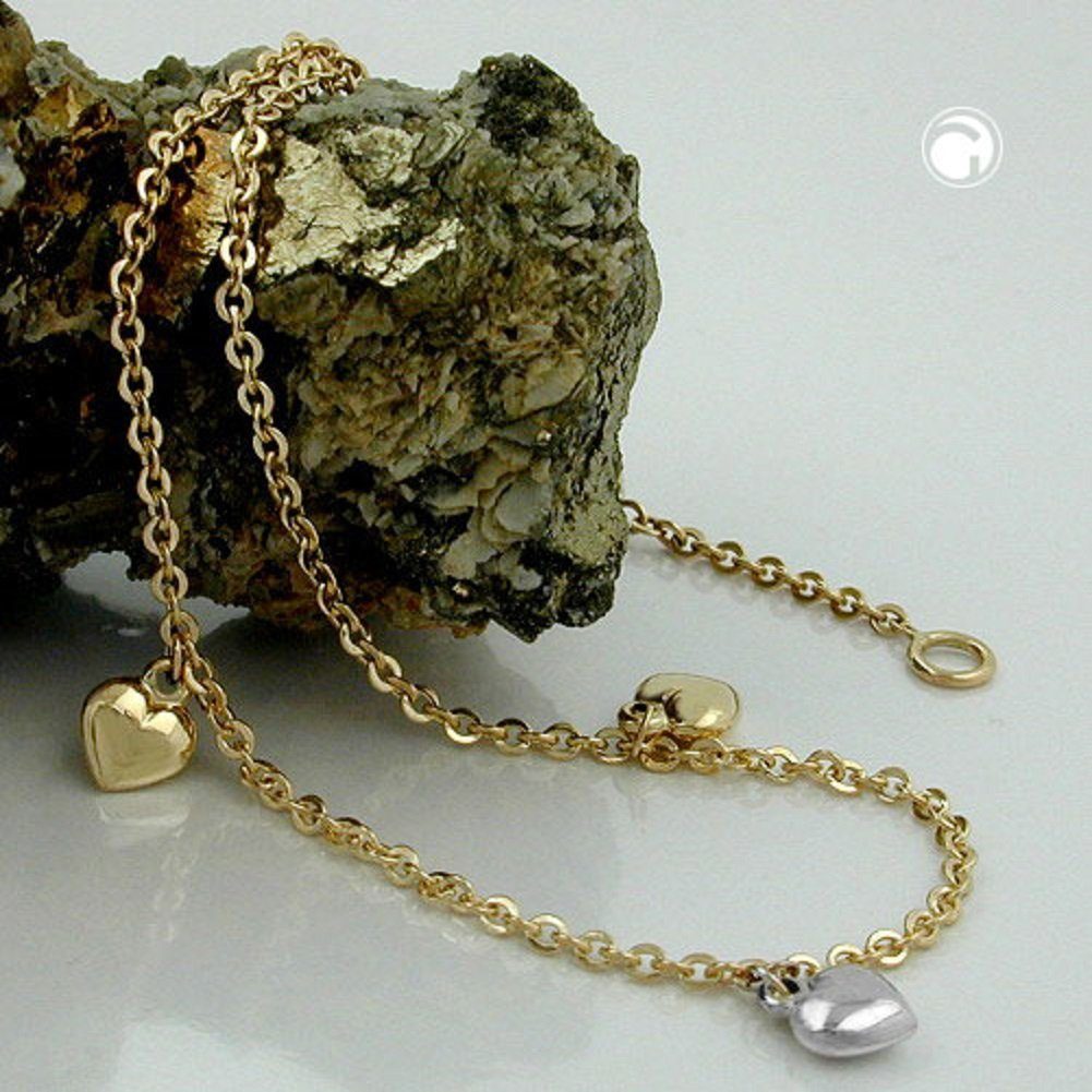 unbespielt Fußkette Fußkette 1,7 mm Ankerkette mit 3 Herzen bicolor 375 Gold 25 cm, Goldschmuck für Damen