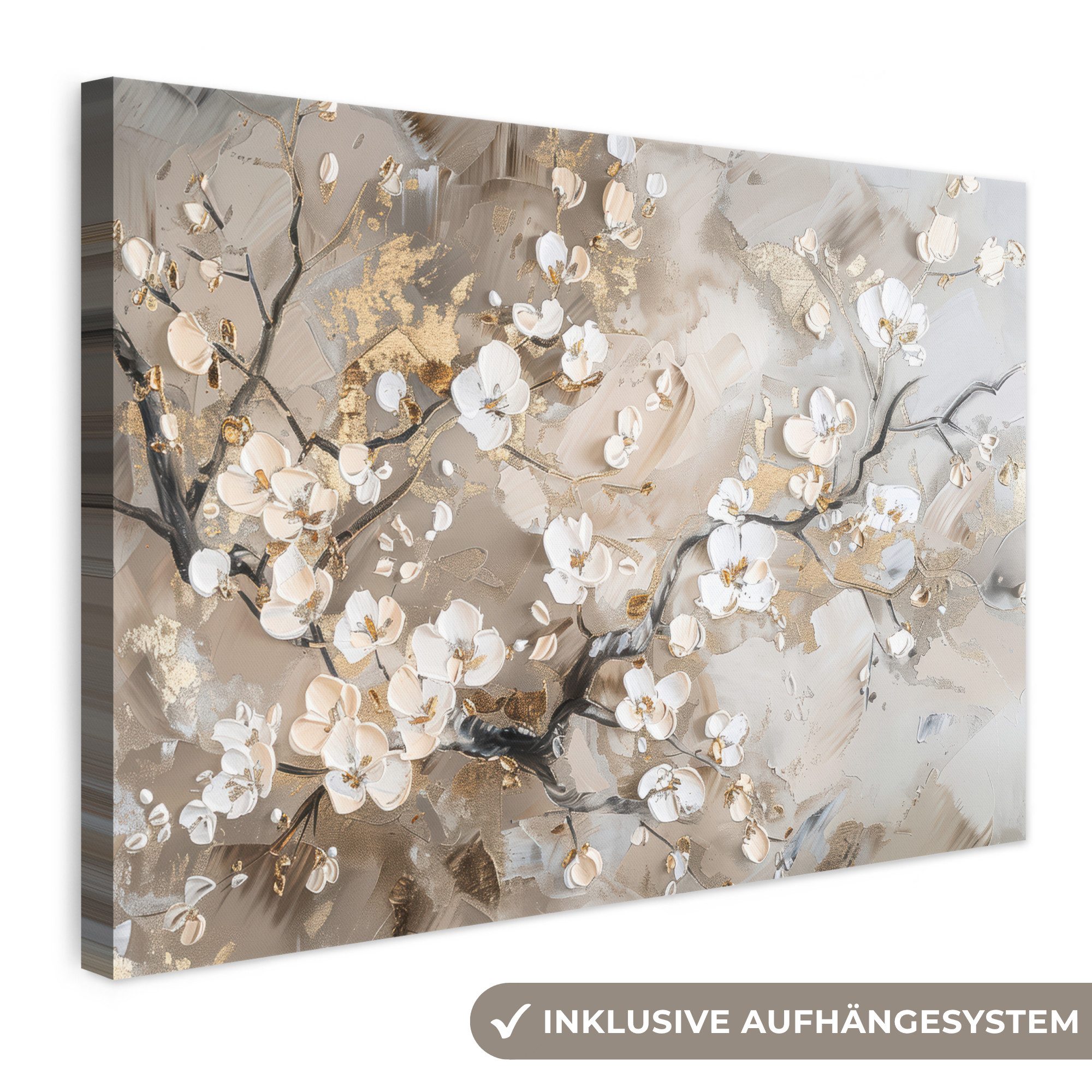 OneMillionCanvasses® Leinwandbild Blumen - Weiß - Gold - Beige - Luxus, Fotodruck (1 St), Leinwand Bilder Klein, Wand Dekoration Aesthetic 30x20 cm