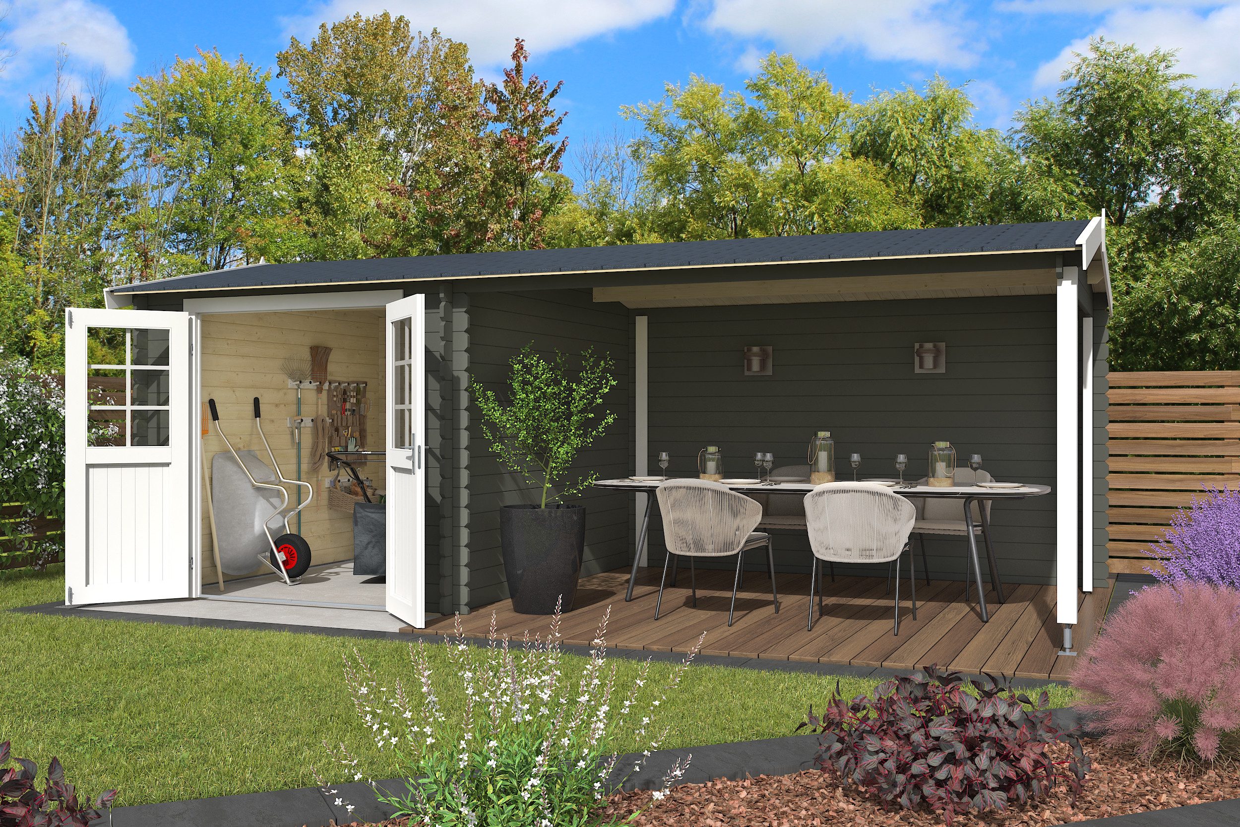 Nordic Holz Gartenhaus Ivana, BxT: 590x312,6 cm, (Anbau inkl. Rückwand)