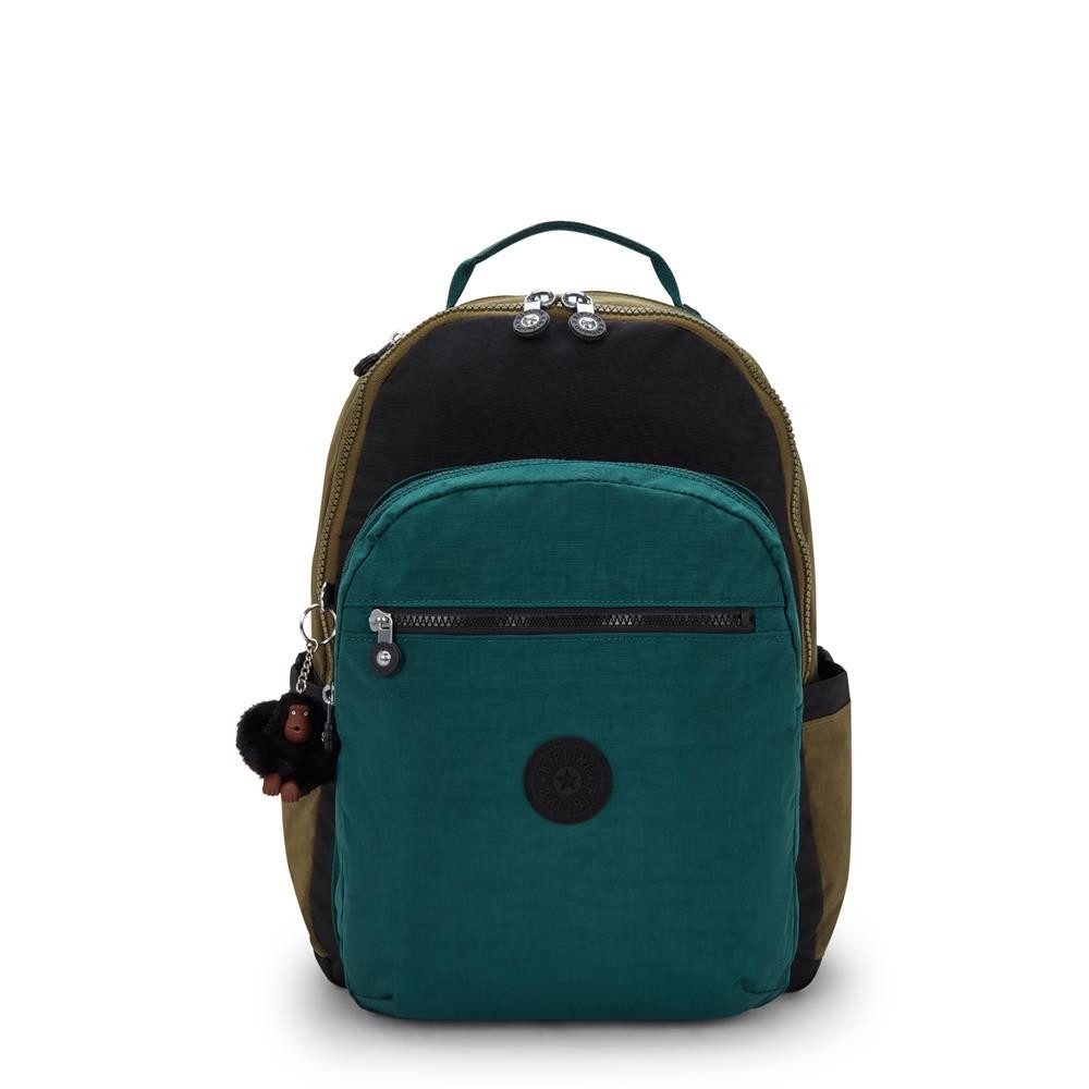 KIPLING Schulrucksack SEOUL L, 27L, Großer Schulranzen, 15-Zoll-Laptopfach, Black Khaki Block (grün)