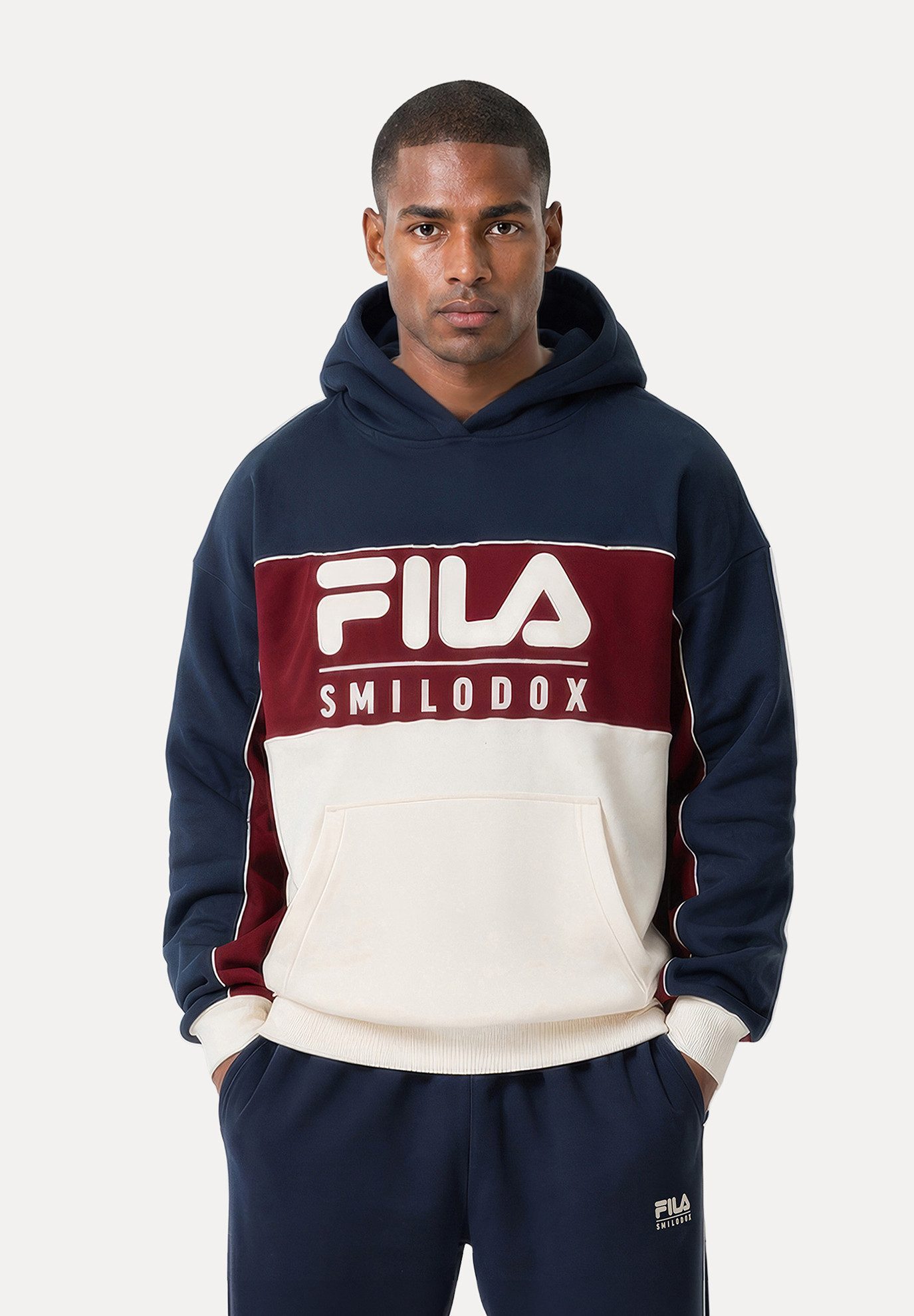 Smilodox Hoodie Tremiti Herren, FILA Pullover Oversize, Logo, Streetwear FILA Kollaboration, Baumwolle, Side Stripes, Kapuze