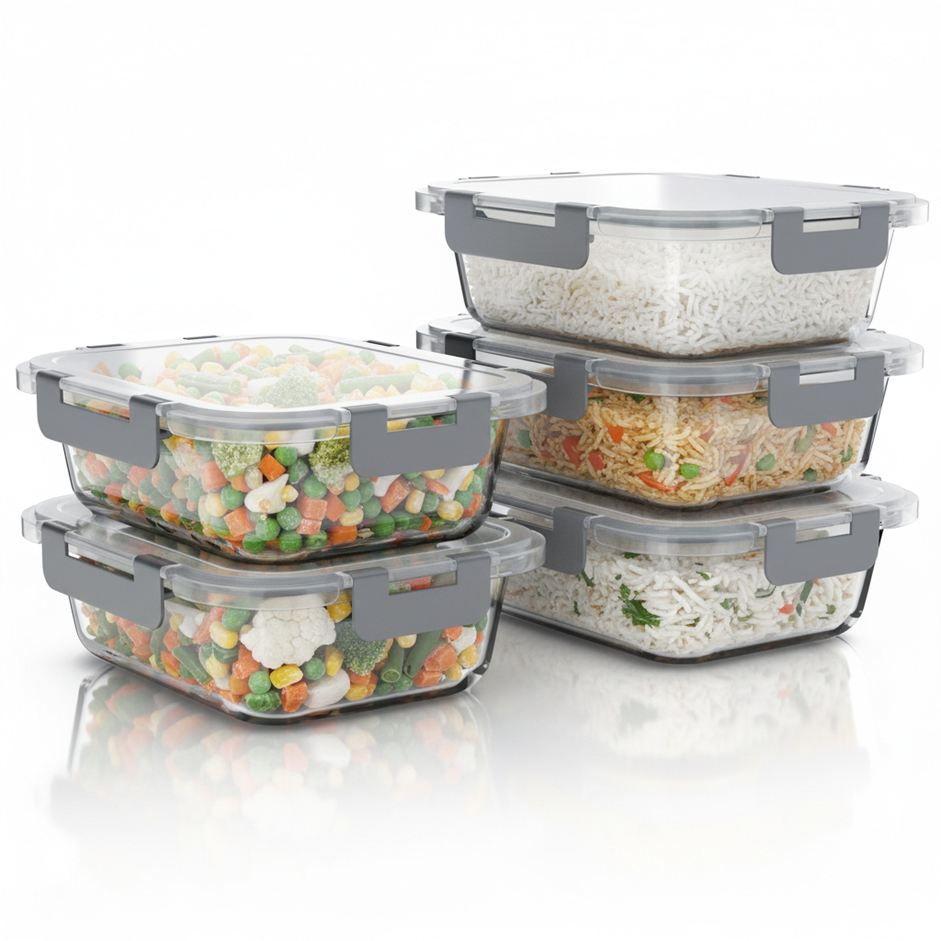 Arendo Frischhaltedose mit Deckel 5er Set, Vorratsdosen, Glas-Lunchboxen, auslaufsicher, Borosilikatglas; Kunststoff, (Set, 5-tlg., 5 x 1050 ml, rechteckig), Mikrowellen-, Ofen-, Gefrier- & spülmaschinengeeignet, Klickverschluss
