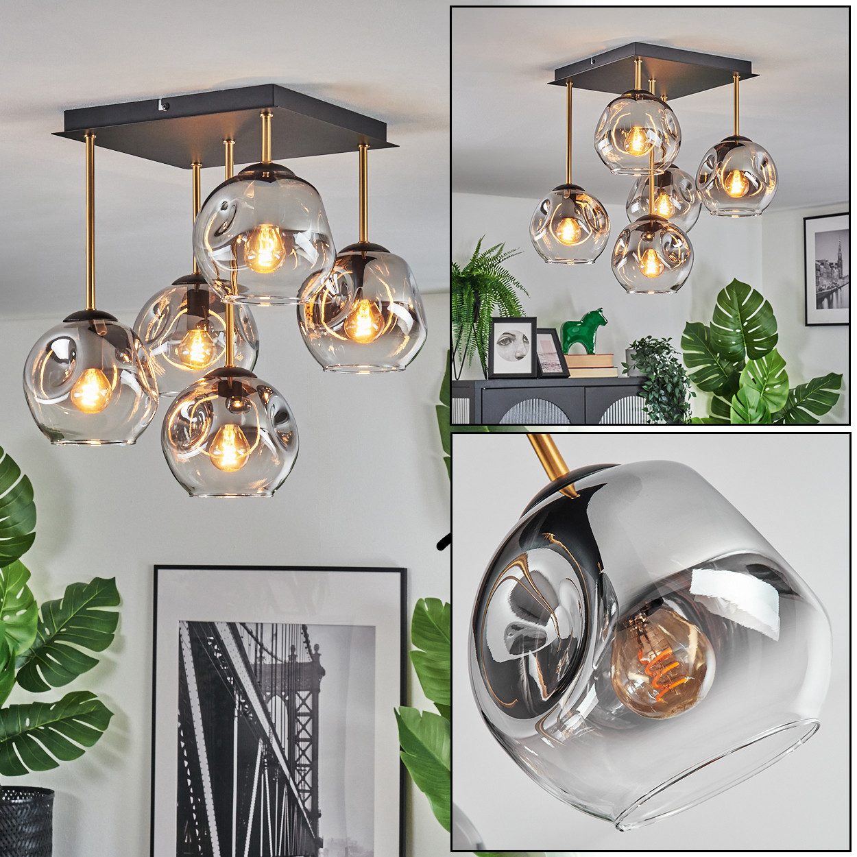 hofstein Deckenleuchte Deckenlampe aus Metall/Glas in Schwarz/Gold/Rauch/Klar, ohne Leuchtmittel, Deckenleuchte im Retro/Vintage-Design (Schirme 15 cm), 5 x E14
