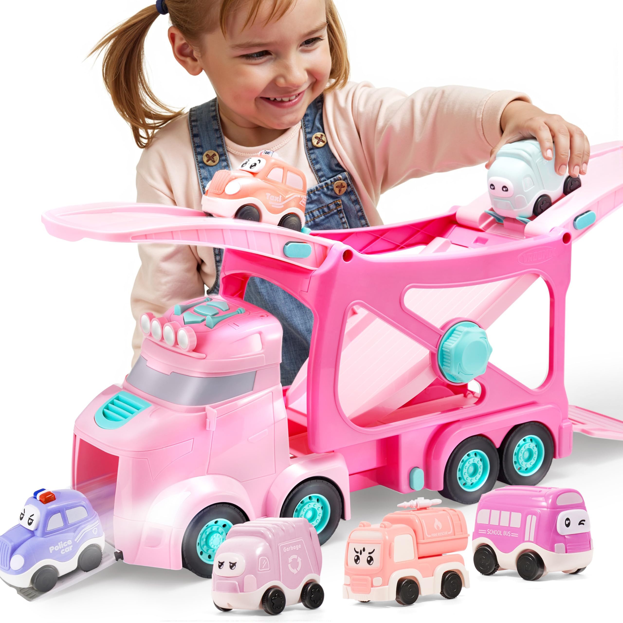 Vroomix Spielzeug-LKW Vroomix Riesen-Bau-LKW mit 6 Autos, Licht & Sirene – Geschenk
