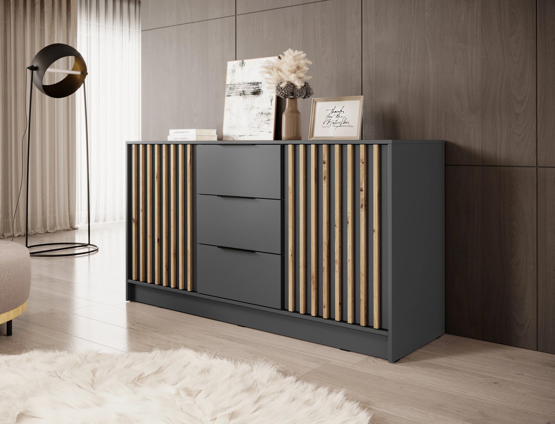 MOEBLO Kommode JOHN 3D (dekorative Lamellen Schrank Sideboard mit 2 Türen und 3 Schubladen, Moderne Wohnzimmer Schlafzimmer Möbel Kommode für Wohnzimmer), (BxHxT): 155x86x45 cm