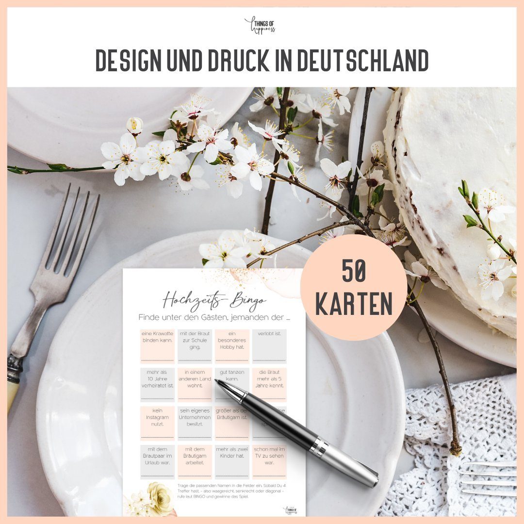 Things of Happiness Spiel Hochzeitsspiel Bingo, Hochzeitsbingo, Spiel Gäste Hochzeit, Kennenlernspiel Hochzeit, 50 Karten